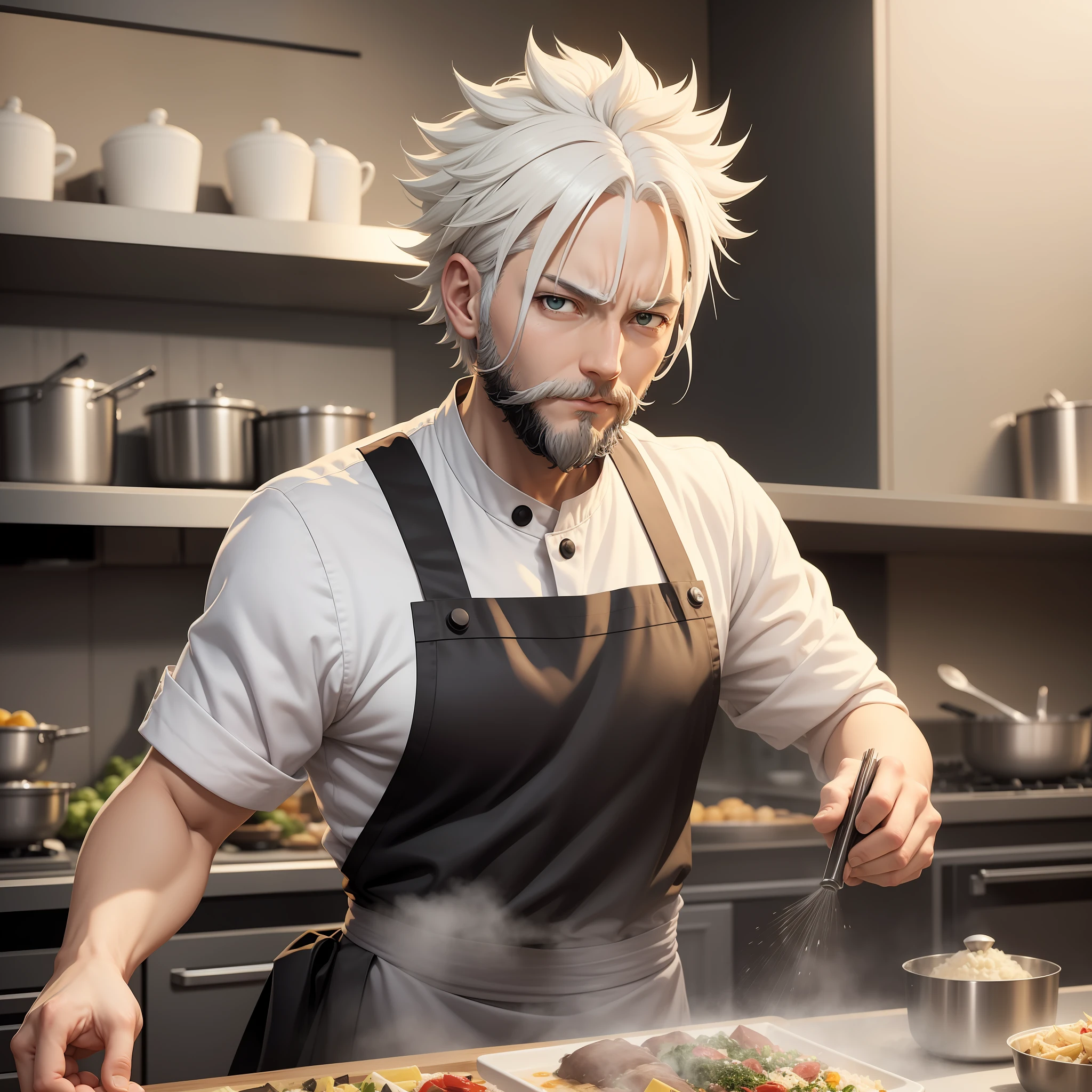 Anime characters with white hair and beard in the kitchen, best chef, chef Saitama one-punch man, happy chef, frontline CG, cooking show, Tanjiro Kamato, fine details. Frontline, Chef, from Azure Lane video game, inspired by Cao Zhibai, Chiba Yuda
