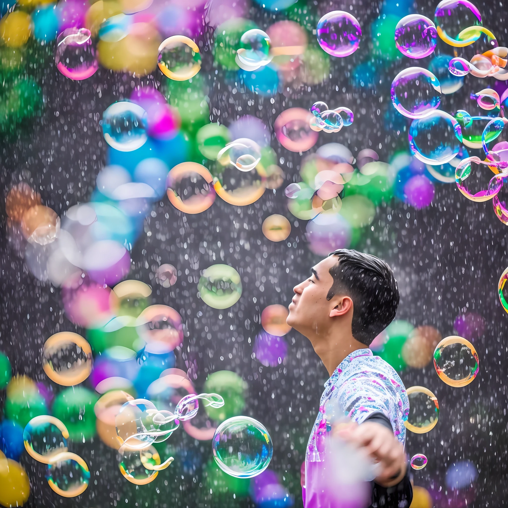 Soap bubbles flying in the rain No need to put people Photo quality 8K --auto --s2