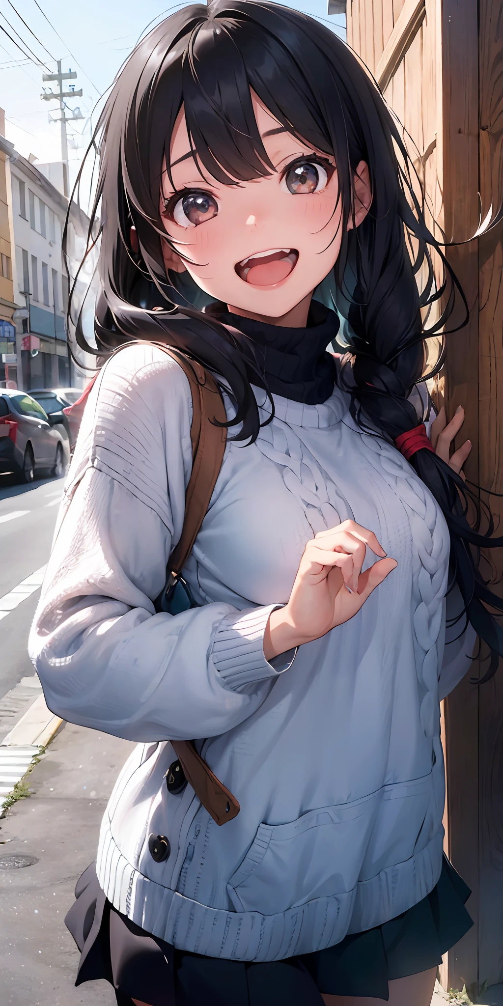 1girl, black hair, cosy sweater on, upper body, (huge Laughing:1.1), (open mouth:1.1), (wide open eyes:1.2), sun glare, bokeh, light particles, strong wind, (heart particles:1.1), 4k, wide angle shot