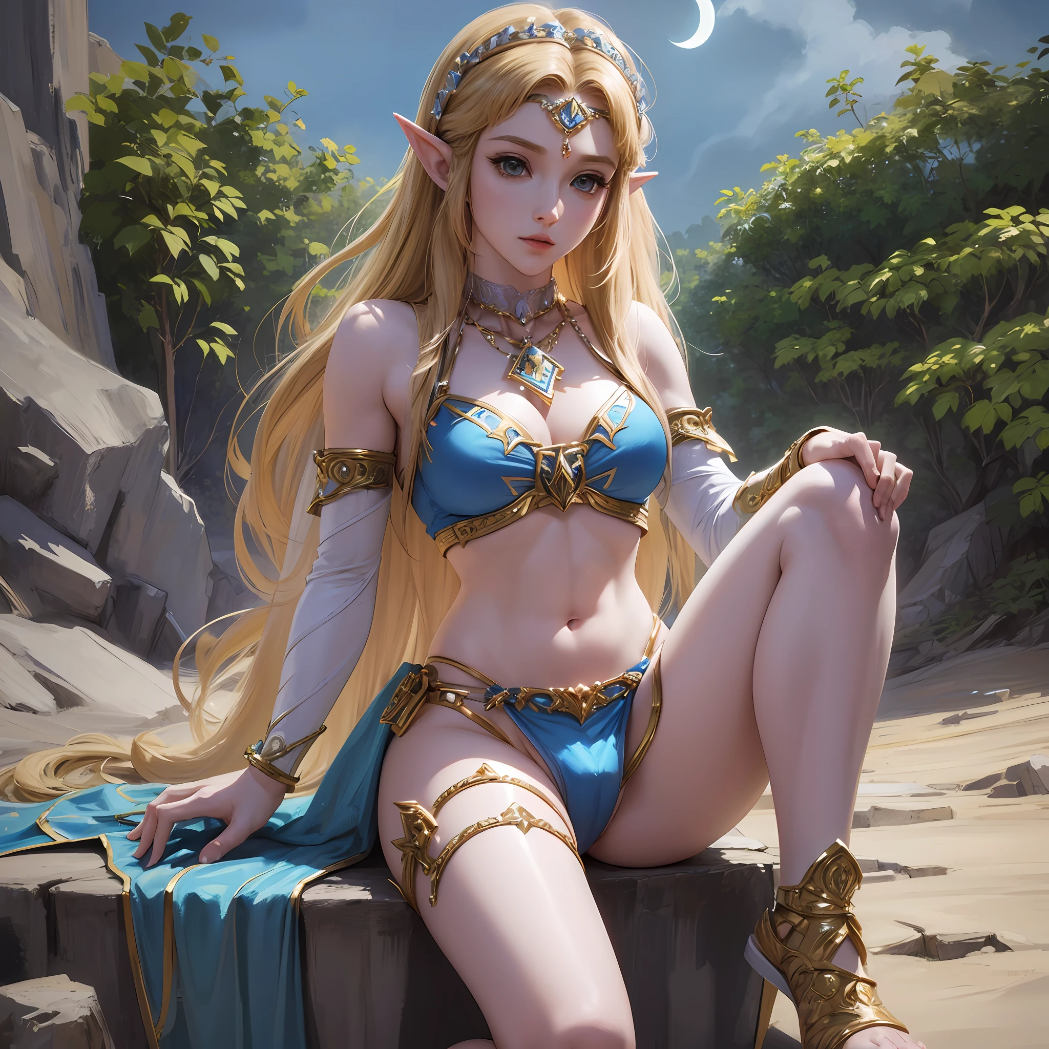 (Detailed description) (Best quality) (Ultra Realistic) (Masterpiece) (8K) (Full Body) Princess Zelda, in bikini, with the moon in the background, outdoors, detailed skin, soft lighting, crotch to sample, --auto --s2