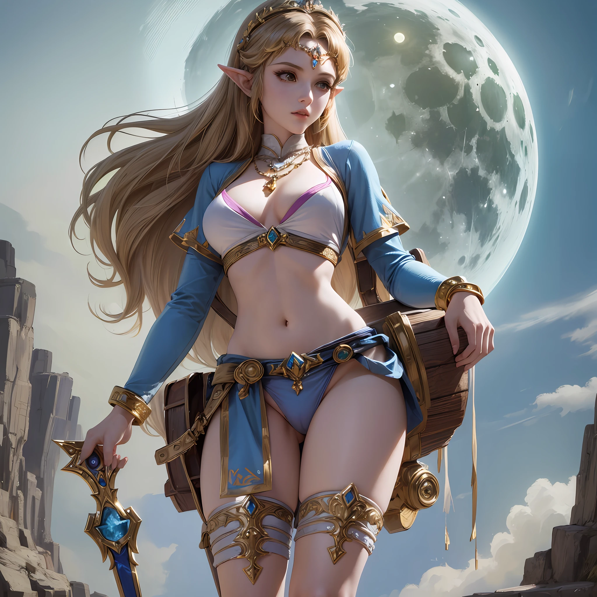 (Detailed description) (Best quality) (Ultra Realistic) (Masterpiece) (8K) (Full Body) Princess Zelda, in bikini, with the moon in the background, outdoors, detailed skin, soft lighting, crotch to sample, --auto --s2