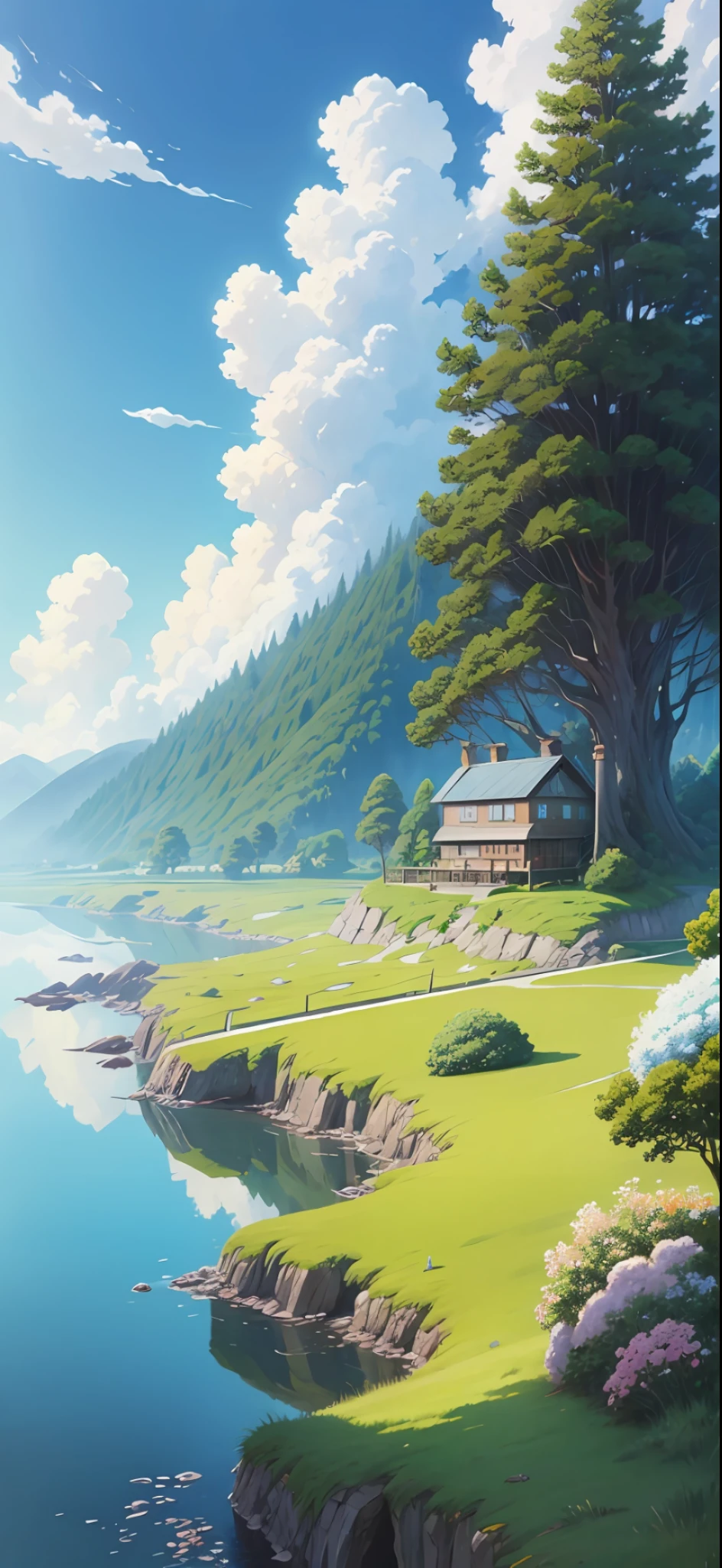 Realistic, authentic, beautiful and amazing landscape oil painting Studio Ghibli Hayao Miyazaki's petal grassland with blue sky and white clouds --v6