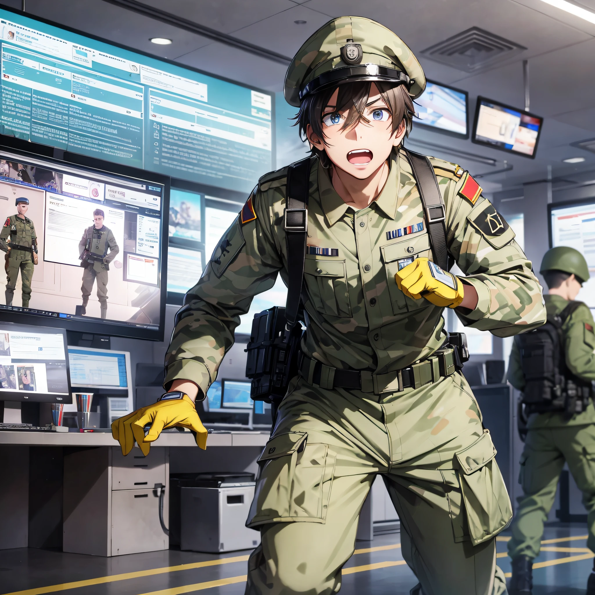 A soldier ran in, with many screens in the headquarters in the background, his mouth open with a surprised and panicked expression