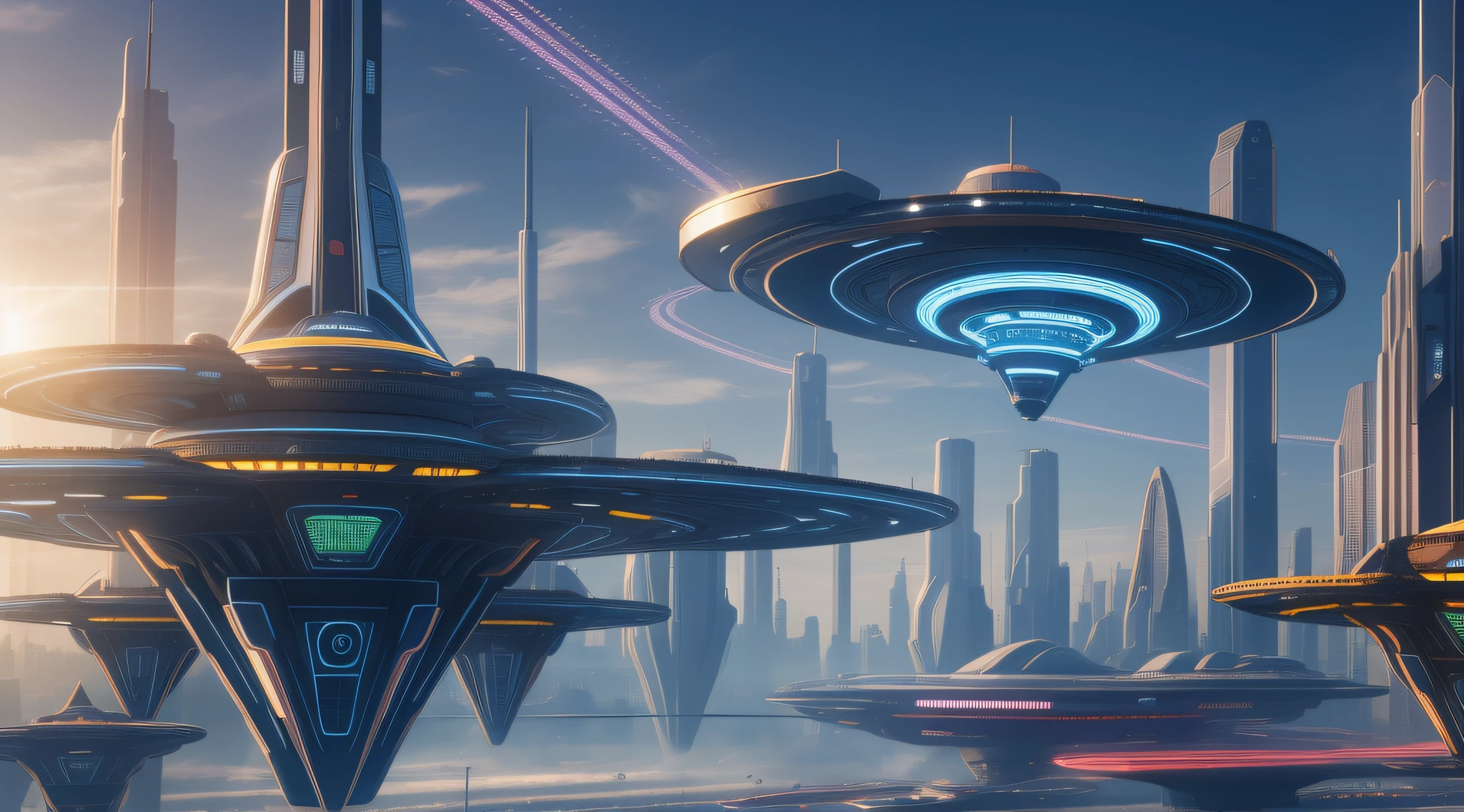 Future city, multiple tracks, bright light, daytime, multiple flying vehicles, buildings full of science fiction,
