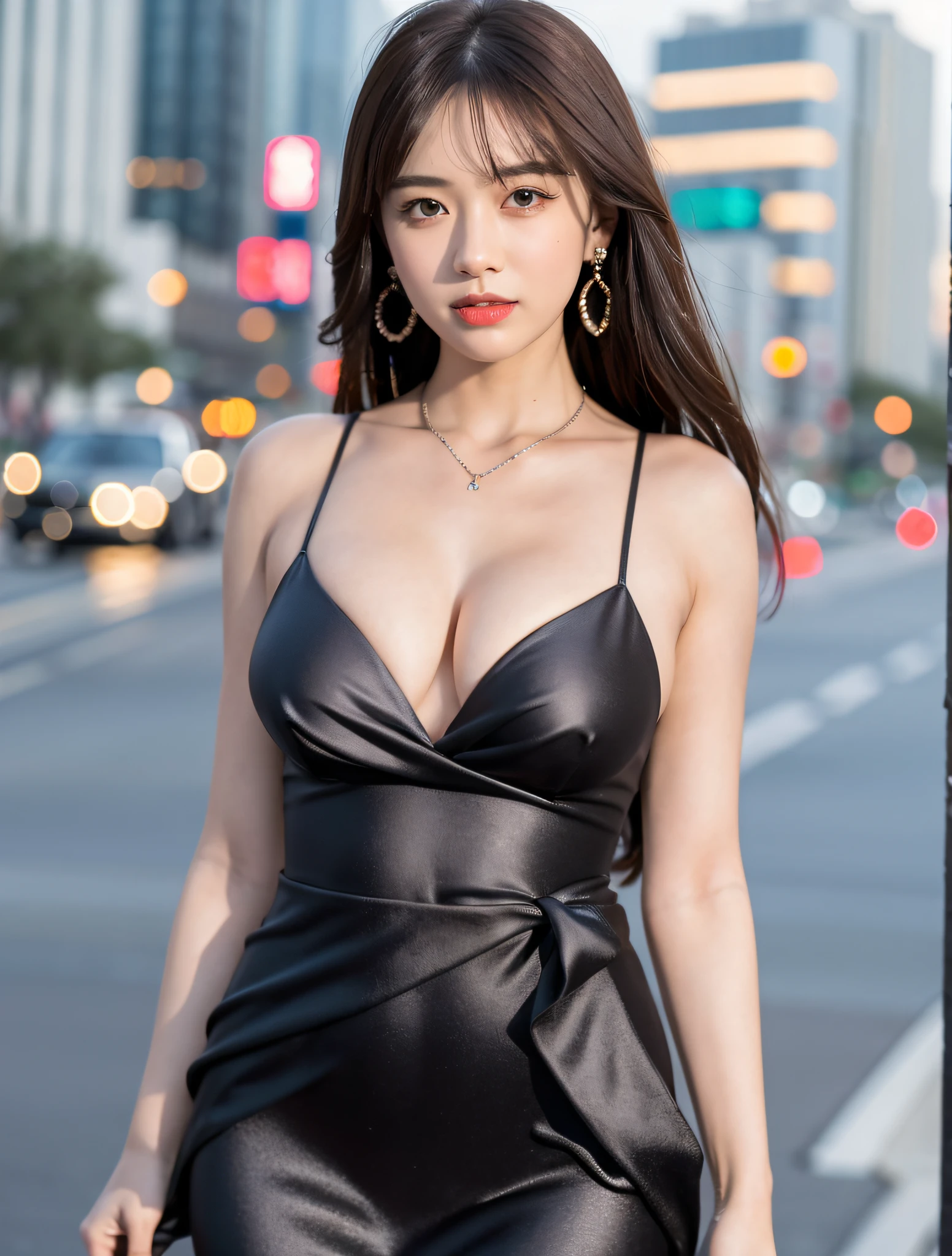 (standing on a dark street), (highway lights), (calm lighting), (night), sexy pose, (very delicate and beautiful work), (masterpiece), one girl, one girl in a blue dress, very detailed and leaky waist, attractive expression, beautifully clear eyes, delicate necklace, delicate earrings, simple blurred background, extreme detailed description, beautiful, attractive , Super fine painting, pretty face, big, big, big, big, fine body, fine collarbone, beautiful lips, smooth ass, mix4, (8k, RAW photo, top quality, masterpiece: 1.37), (realistic, realistic: 1.37), one girl, cute, cityscape, night, rain, humidity, professional lighting, photon mapping, radiation, physics CS-based rendering,
