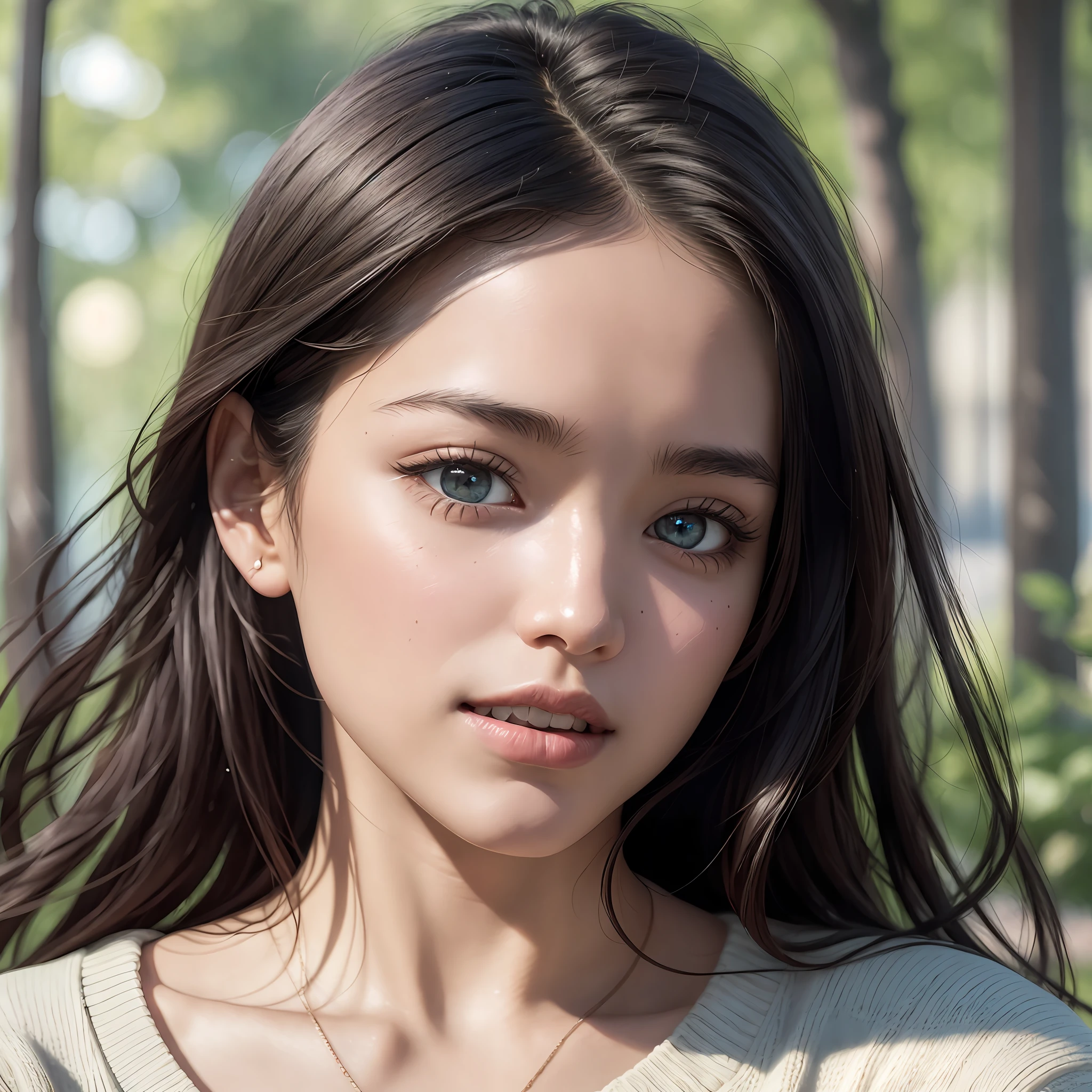 wearing (sweater), portrait, beautiful face, pretty eyes, outside, portrait, park, trees, teeth, eyes open, ward winning photo, best quality, upper body, Hannahowo, windblown black hair, by lee jeffries nikon d850 film stock photograph 4 kodak 400 camera f1.6 lens rich colors hyper realistic lifelike texture natural lighting unreal engine trending on artstation cinestill 800, (100mm lens) --auto --s2