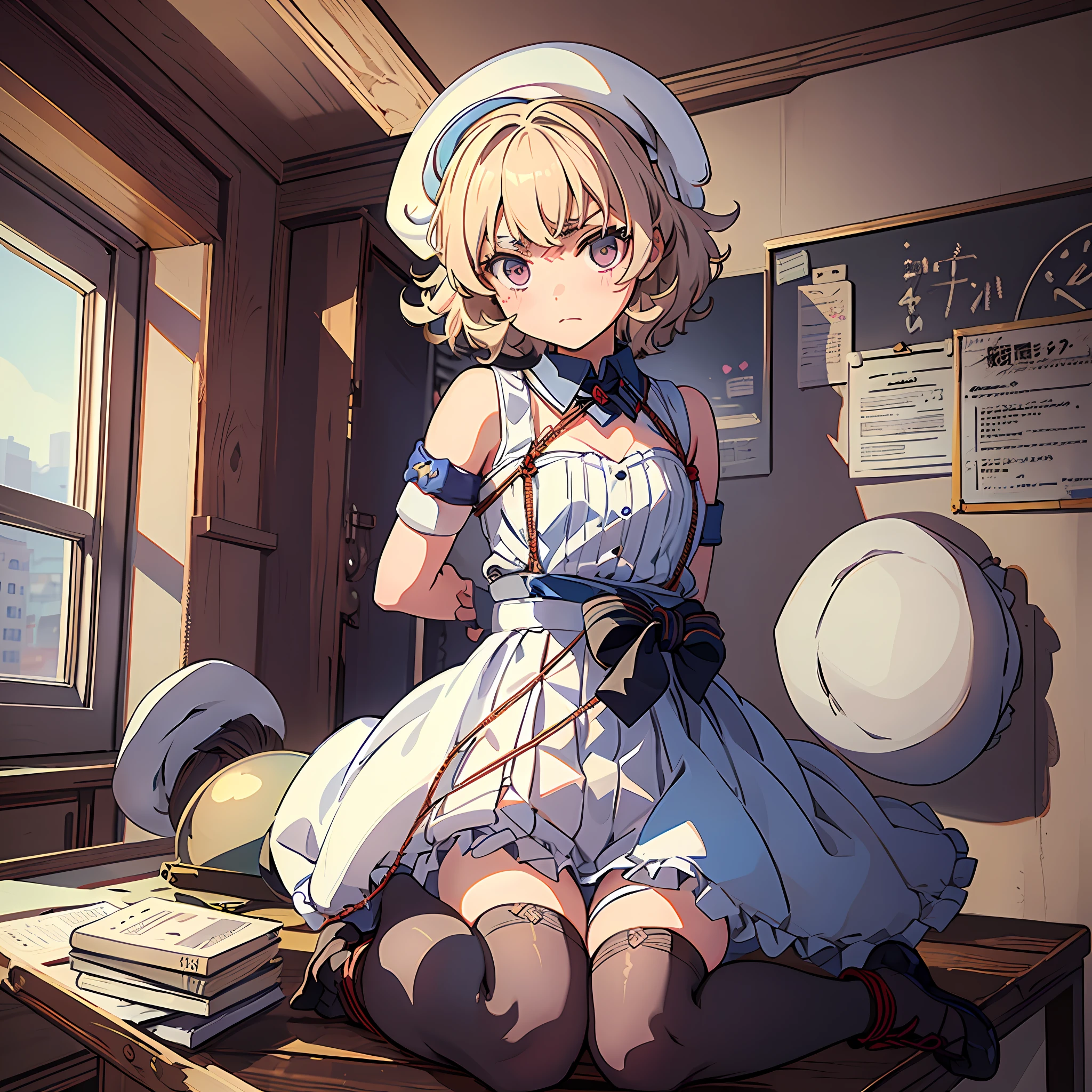 A girl sitting on a desk, school, classroom, ???????????, white panties, pervert, ultra detailed, (beret:1.8), (iwanagadress:1.2), (iwanagakotoko:0.9), iwanaga kotoko, beautiful body, beautiful face, good ???????, white stockings, white panties, blonde hair, short hair, embarassed look, blushing, hand covering mouth, looking away, ????, hands tied together, rope, hands tied with ropes, restraint, tied up, tied hands, wrist tied, rope on wrist, wrist together, bondage, suspended, rope, bound wrist, bound hands, bound legs, restrained body, ???? ??????, arms behind back, arms tied back