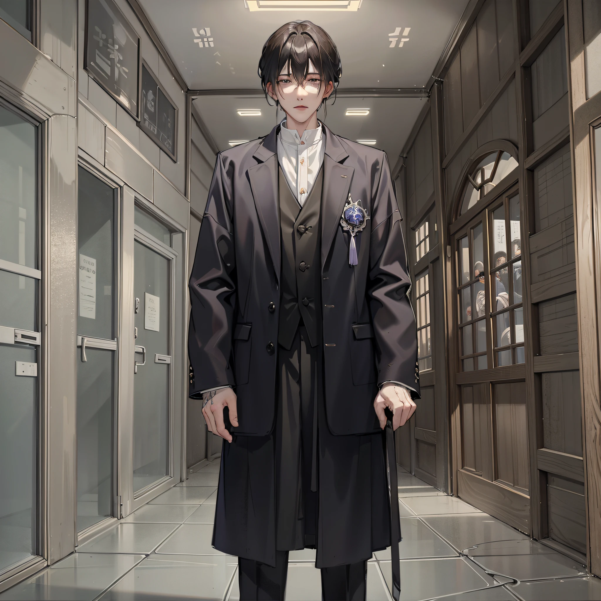 /imagine prompt: A slightly melancholy man waiting outside a mortuary with a sign that reads "Hiring Corpse Bearers", surrounded by a gloomy atmosphere, flashback to his encounter with Jiang Lixin at a class reunion, by Makoto Shinkai --niji 5