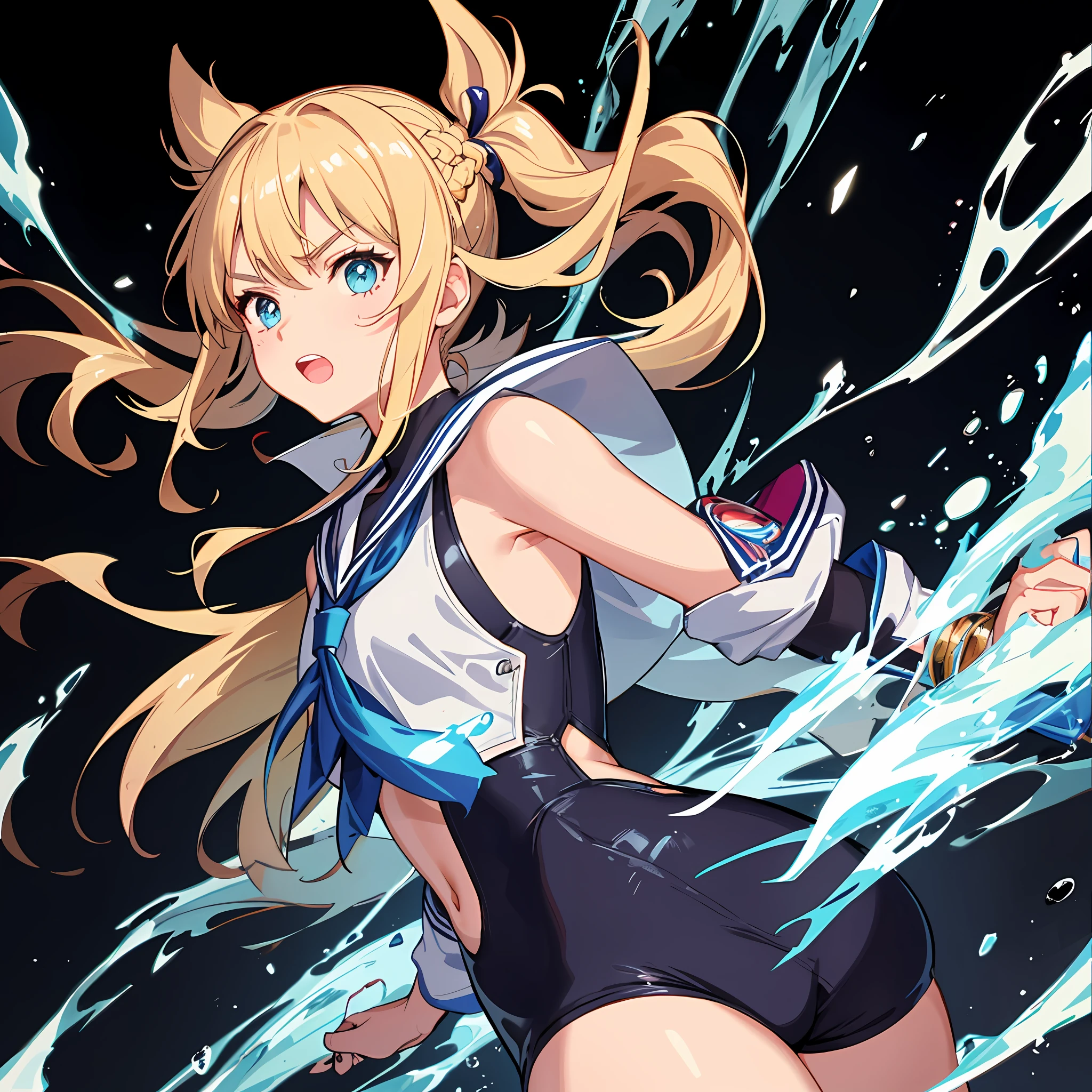 Fist and fist clashes, duels, complex and colorful effects in the background, shattering effect in seven colors, two girls, bodysuit and sailor suit fusion, seams on the side of clothes, fusion of sailor suit and bodysuit, small, pigtails, female brat, thick eyebrows, thin waist, beautiful blonde, braid, (masterpiece), ((highest quality)), (super detailed), girl, clean and detailed face, five fingers, textile shading, perfect anatomy,
