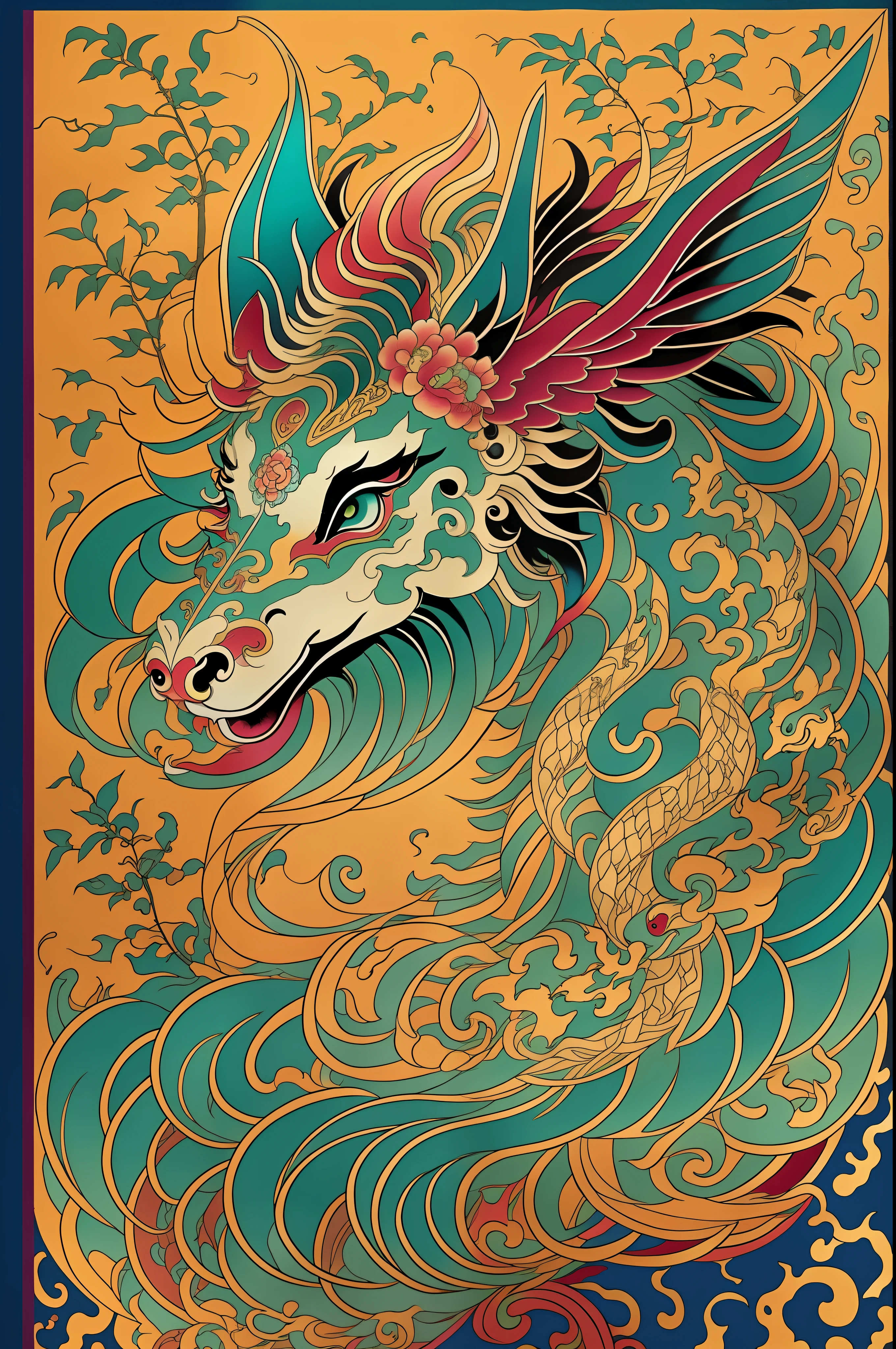 Close-up of colorful horse with long mane, Asura in Chinese mythology, ancient Chinese art style, cyan Chinese dragon fantasy, mythical creatures, mythical creatures, Chinese dragon concept art, ancient Chinese gorgeous, smooth Chinese dragon, Barong family members, Chinese mythology, ink flowers, inspired by Puhua, an ancient creature, qigong, (unicorn: 1.3)