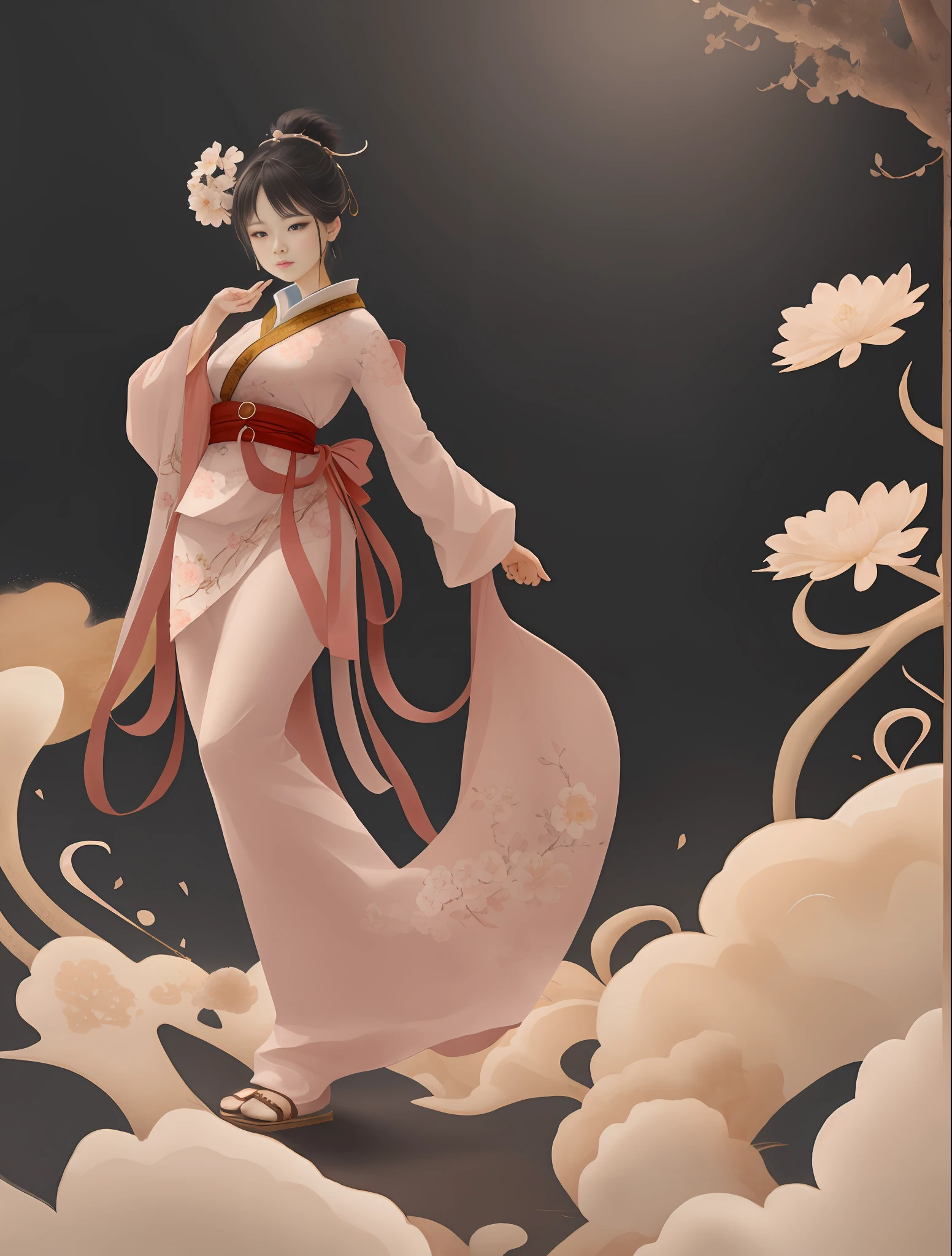 An ancient Chinese beauty standing with a hat, wearing ancient Chinese clothes, flowing tulle, light silk, pavilion, ink painting style, clean color, decisive cut, blank space, freehand, masterpiece, super detailed, epic composition, high quality, highest quality, 4k --v 6
