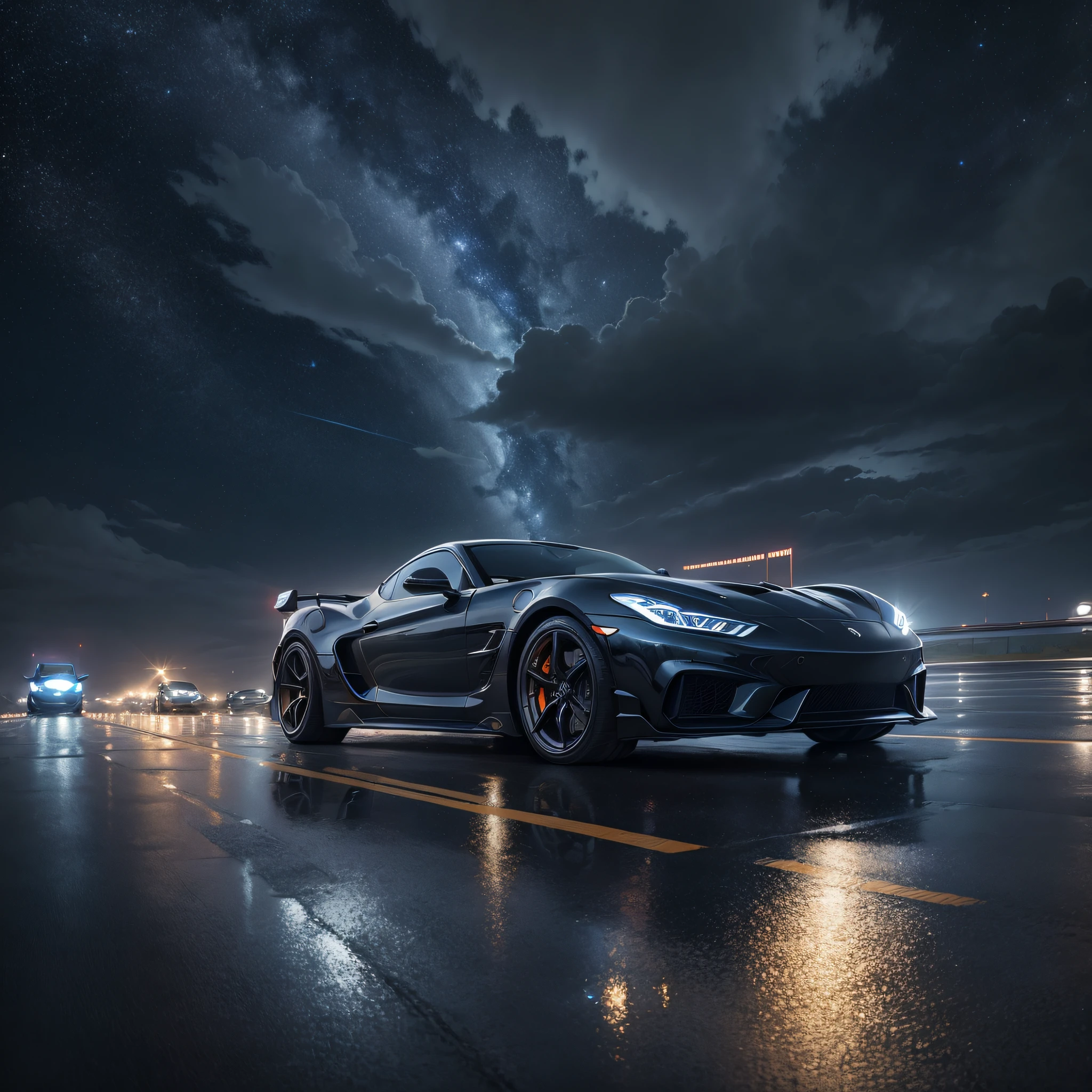 Detailed morning sky, sports car driving on rainy city highway, unmanned, official art, best quality, body streamer, body reflective starry sky, obvious reflection, starry picture, starlight body, dreamy, black translucent