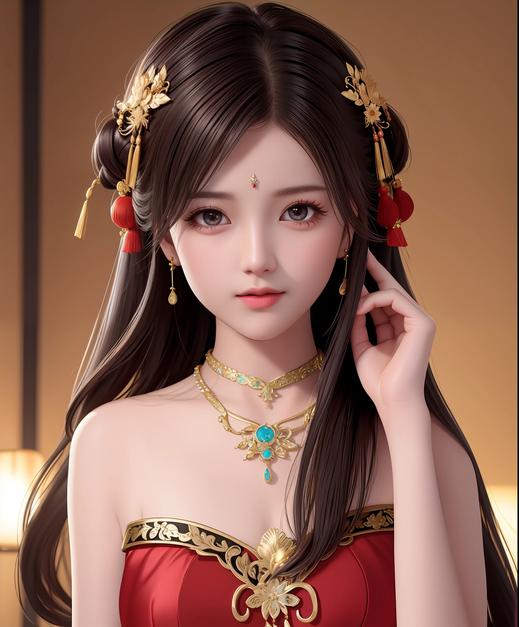best quality, masterpiece, highres, 1girl,china dress,hair ornament,necklace, jewelry,Beautiful face,upon_body, tyndall effect,photorealistic, dark studio, rim lighting, two tone lighting,(high detailed skin:1.2), 8k uhd, dslr, soft lighting, high quality, volumetric lighting, candid, Photograph, high resolution, 4k, 8k, Bokeh,