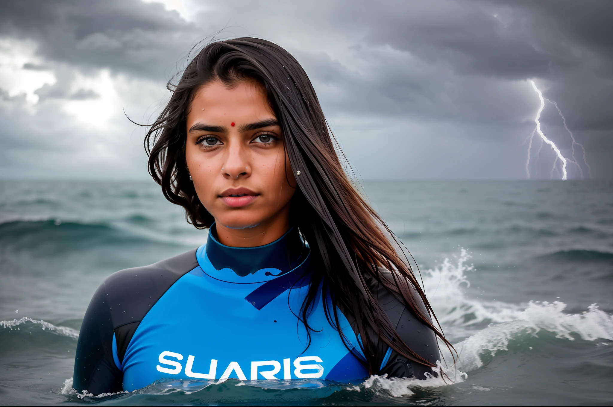 intricate detail and quality RAW analog style photograph of Indian a female in the middle of the sea,
wearing a blue and white wetsuit,
ultra sharp focus on female,
award winning portrait photography,
sharp focus on (wet hair),
overcast sky,
lightning storm,
shot with Canon R5 camera 50mm f/1.4lens