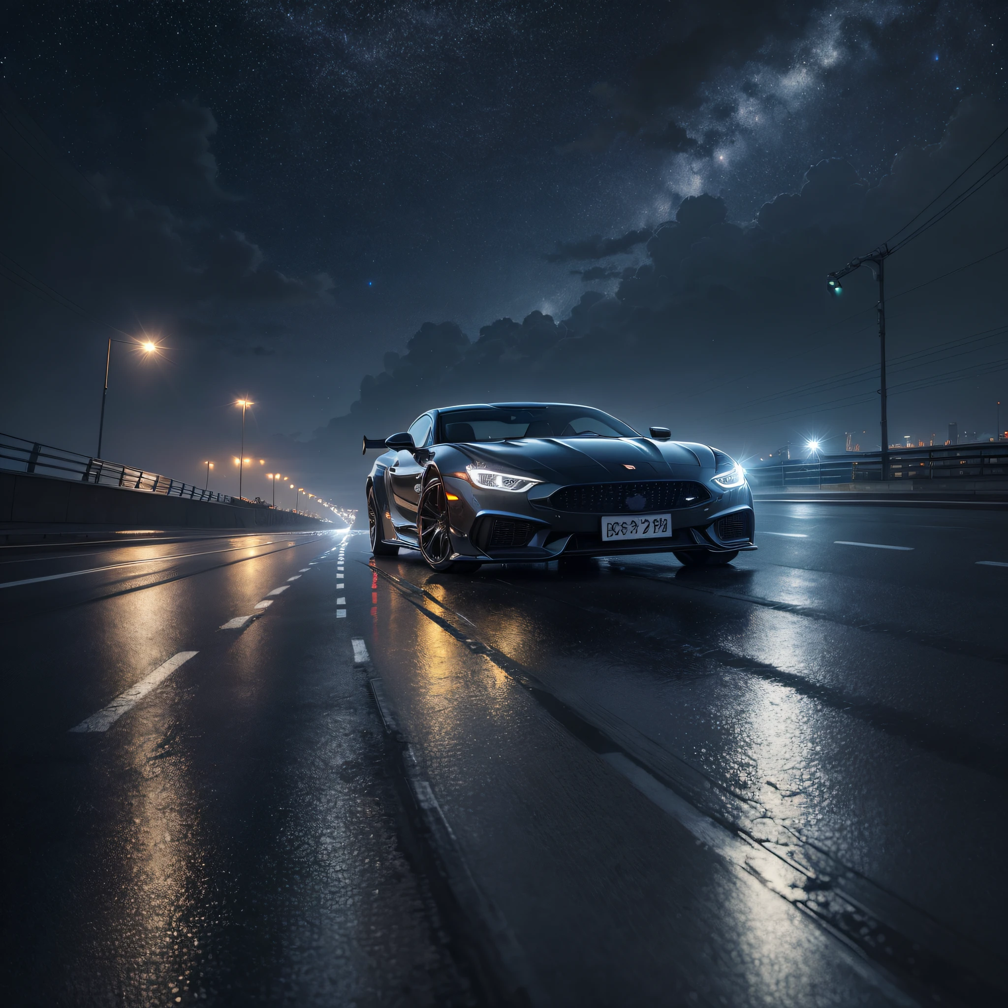 Detailed morning sky, sports car driving on rainy city highway, unmanned, official art, best quality, body streamer, body reflective starry sky, obvious reflection, starry picture, starlight body, dreamy, black translucent