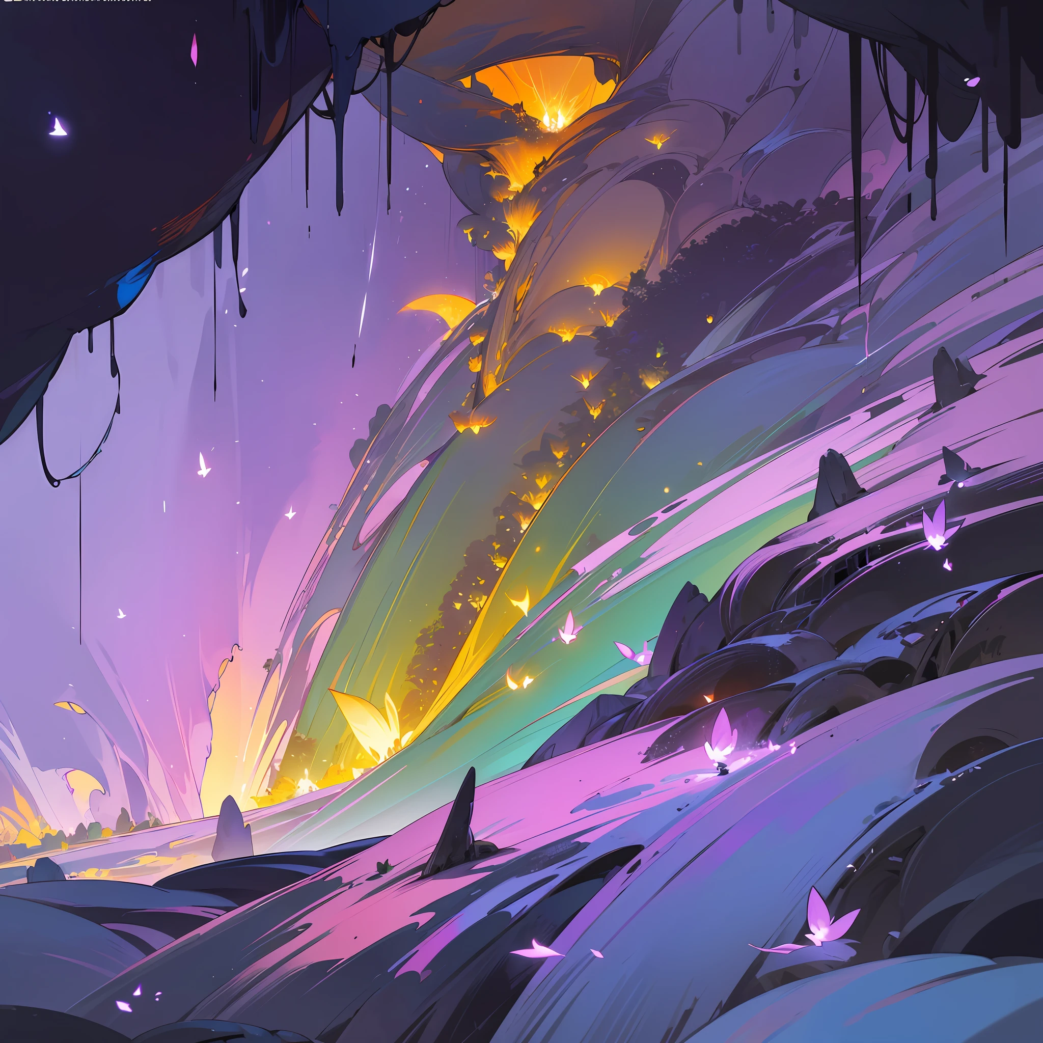 extensive landscape photography (bottom view, which shows the vault of the cave, stalactites, stalagmites, as well as helicates, lake, lava, below), blonde guy standing on a stone ledge and looking down (fiery eye: 1.2), (falling stones: 0.9), (fire: 1.3), crystals, stones, cave BREAK production art, (cold light source:1.2), (Firefly:1.2), fireflies, moths, fire particles, a lot of purple, yellow and orange, Complex Details, Volumetric Lighting, Realism BREAK (Masterpiece:1.2), (Best Quality), 4K, Ultra Detailed, (Dynamic Composition: 1.4), High Detailed, Colorful Details, (Rainbow Colors: 1.2), (Luminous Lighting, Atmospheric Lighting), Dreamy, Magical, (Solo: 1.2) --auto --s2