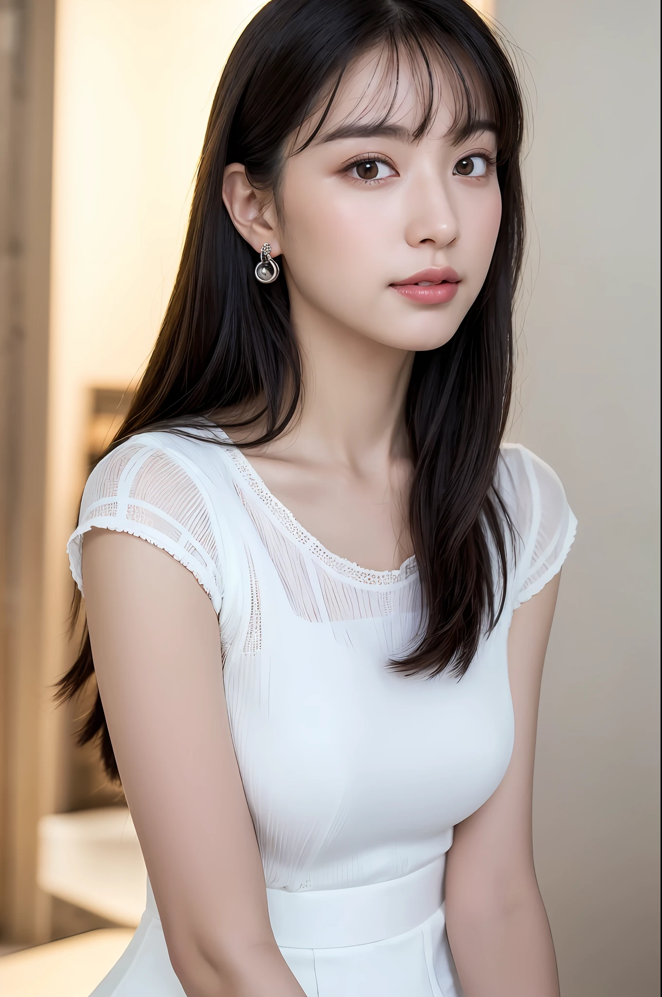 (8k, RAW Photo, Best Quality, Masterpiece:1.2), Ultra Detail, Super Resolution, (Realistic, Realistic Photo:1.37), Portrait, High Detail RAW Color Photo, Professional Photo, Extremely Detailed and Beautiful, Extremely detailed, 8k wallpaper, amazing and detailed, huge file size, official art, highly detailed CG unity 8k wallpaper, highly detailed beautiful girl, highly detailed face, highly detailed eyes, highly detailed skin, highly detailed fingers, highly detailed nose, very detailed detailed mouth , perfect anatomy, highly detailed background, highly detailed clothing, 1girl, (18:1.2), 20s, cute girl, realistic body, petite, fair skin, glowing skin , slim body, handsome body, black hair , rolled up hair, (blunt bangs:1.2), smile, cute, youthful, cute face, realistic face, delicate eyes, drooping eyes, white T-shirt, short skirt, earring, looking at viewer, cowboy shot, facing front, Standing position, contraposto, dynamic lighting, very large breasts,