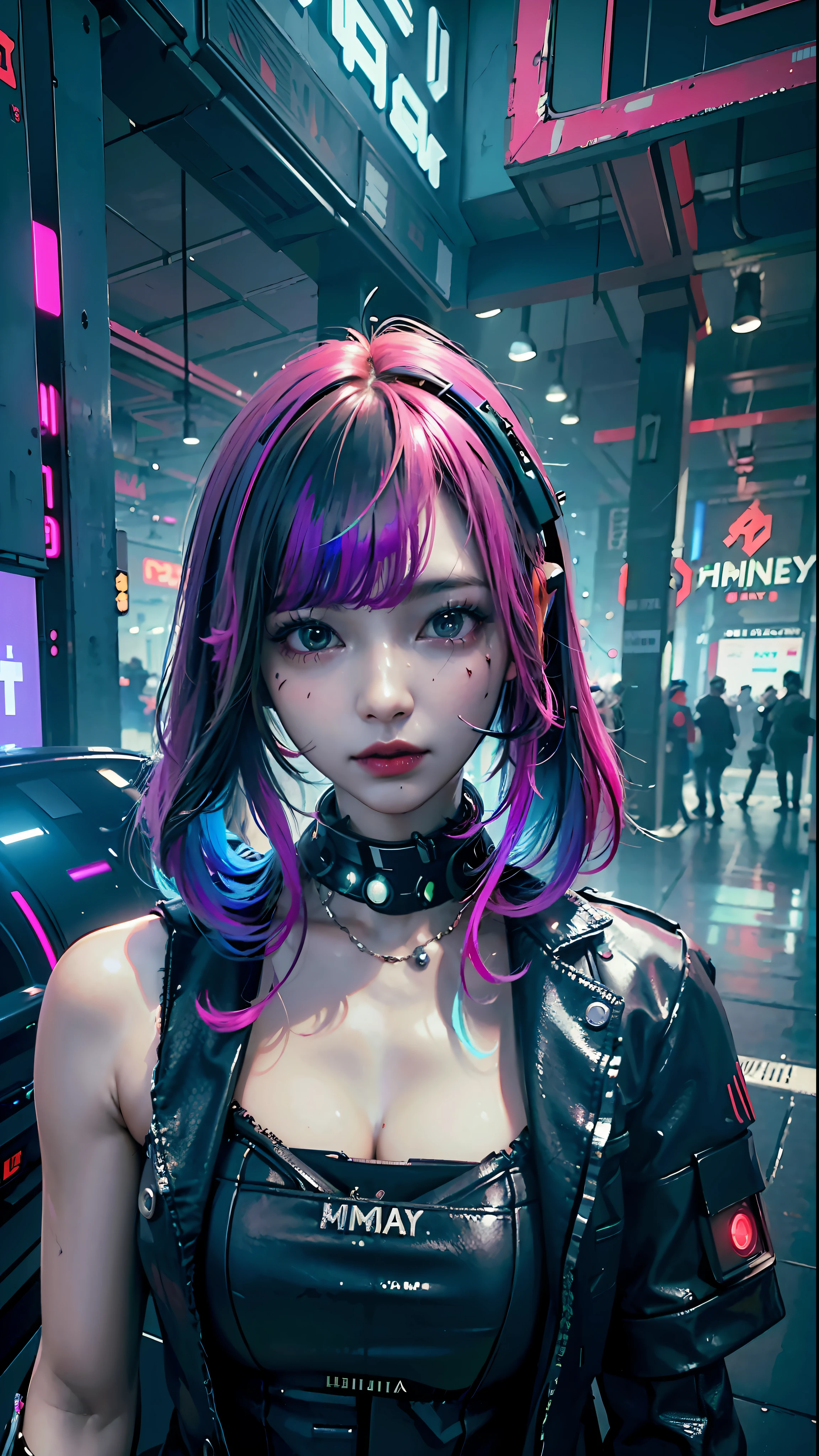 ((Best Quality)), ((Masterpiece)), (High Definition:1.3), 3D, Beautiful (Cyberpunk:1.3) Hacker woman with colored hair, black clothes looking at camera, young, young