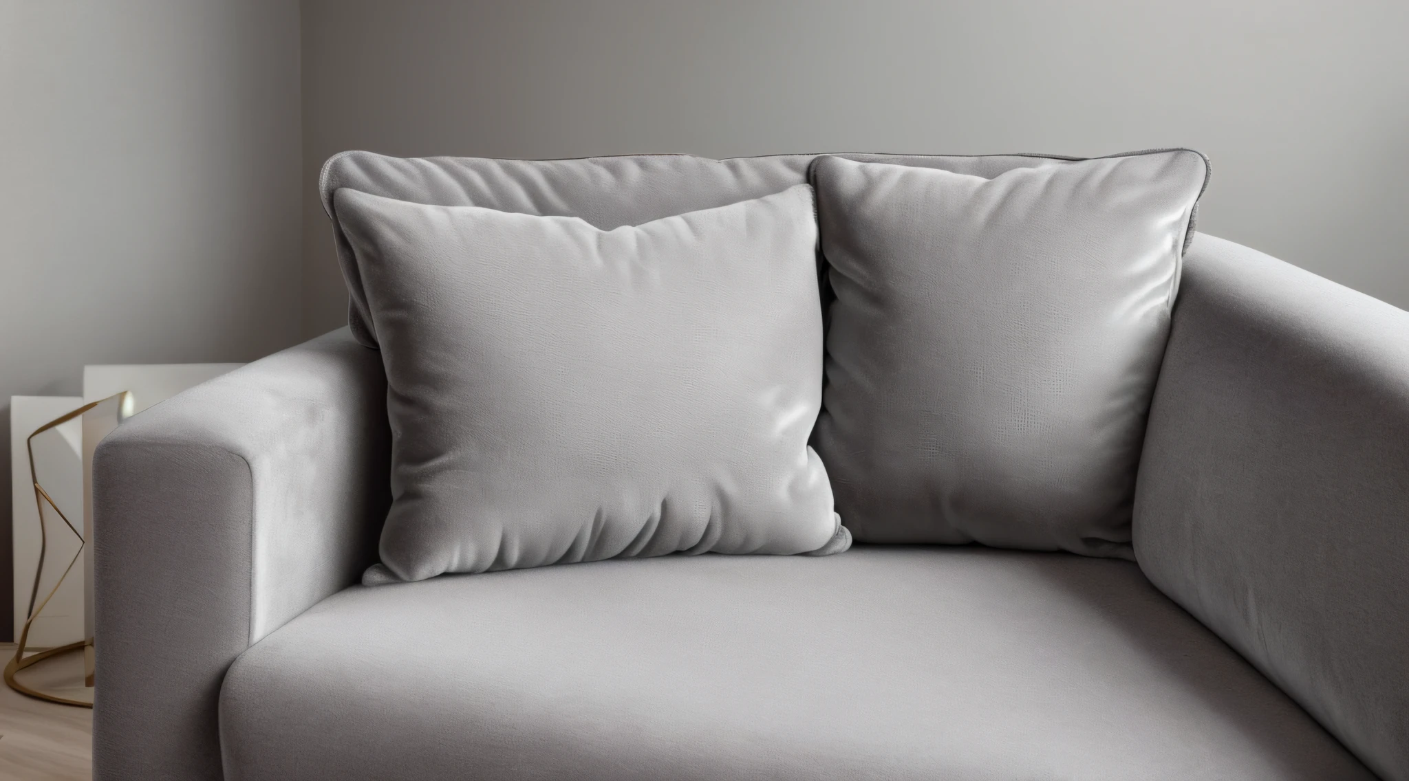 Home photography, light gray short plush pillow, velvet texture, soft and comfortable, HD realistic photography, sofa set, 8K, matte velvet, velor material, rich details, calm and comfortable, light gray short plush pillow, realistic picture, home photography.