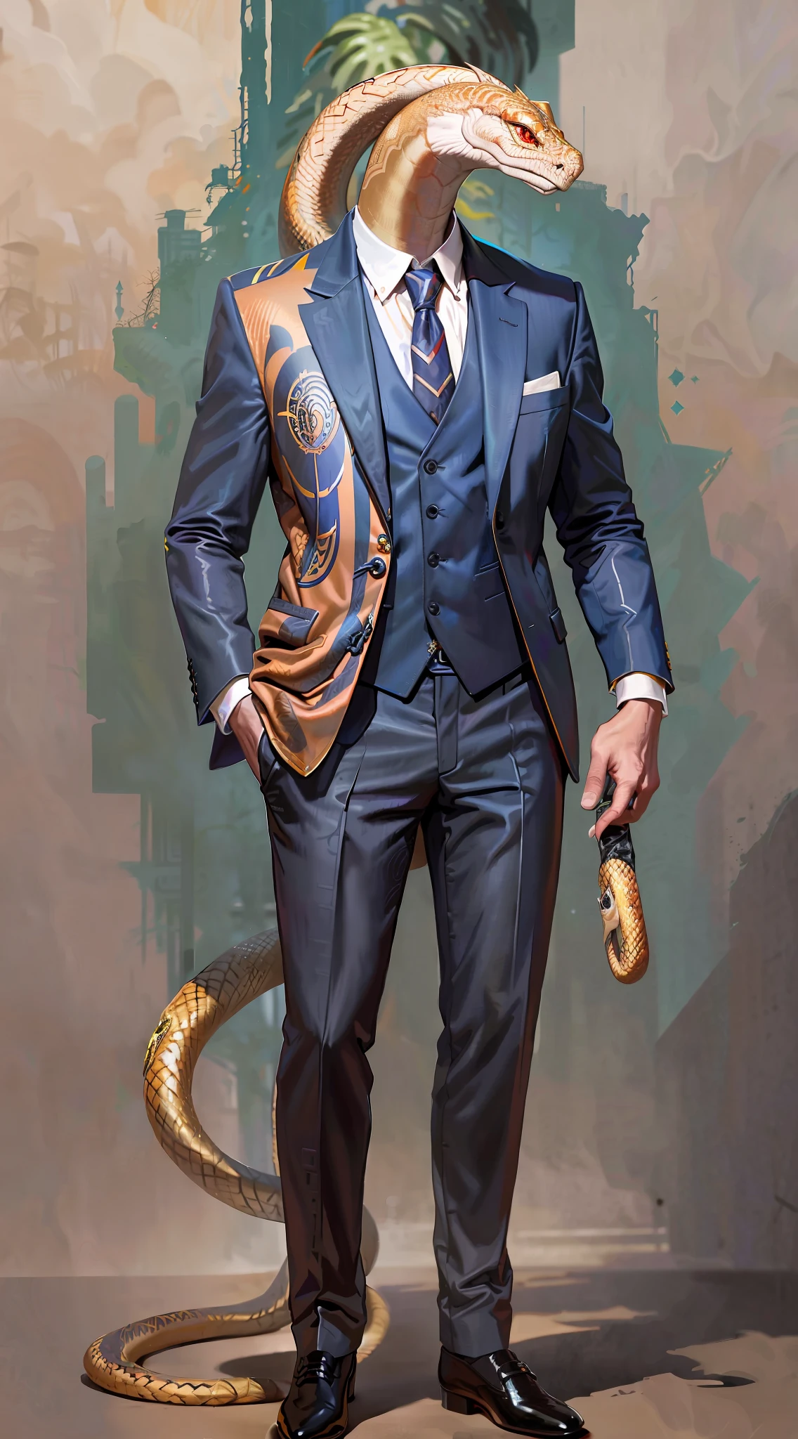 there is a man in a suit and a snake head, modern maximalist suit, dragon - inspired suit, 3-piece-suit, intricate suit, stylish suit, masculine appeal high fashion, snake man, snake human hybrid, luxurious suit, epic and classy portrait, lower half of his body is snake, blue gold suit, full body!! maximalist details