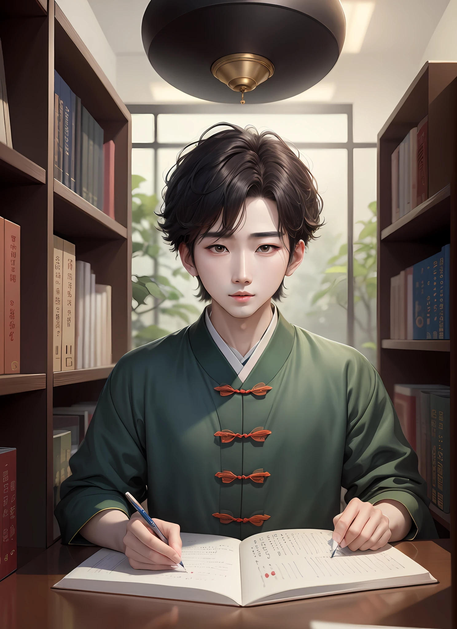Boy writing notes in the library, looking at the camera head-on, bust, Pisk style, cartoon ventilation animated film "Book Thief" poster, Qu Leilei, inspired by Ding Yunpeng, Wang Chen, inspired by Chen Daofu, inspired by Li Fangying, Li Zixin, inspired by Fujita Goro, inspired by Wu Ya, student, Cai Xukun, inspired by Ding Guanpeng, inspired by Qu Leilei