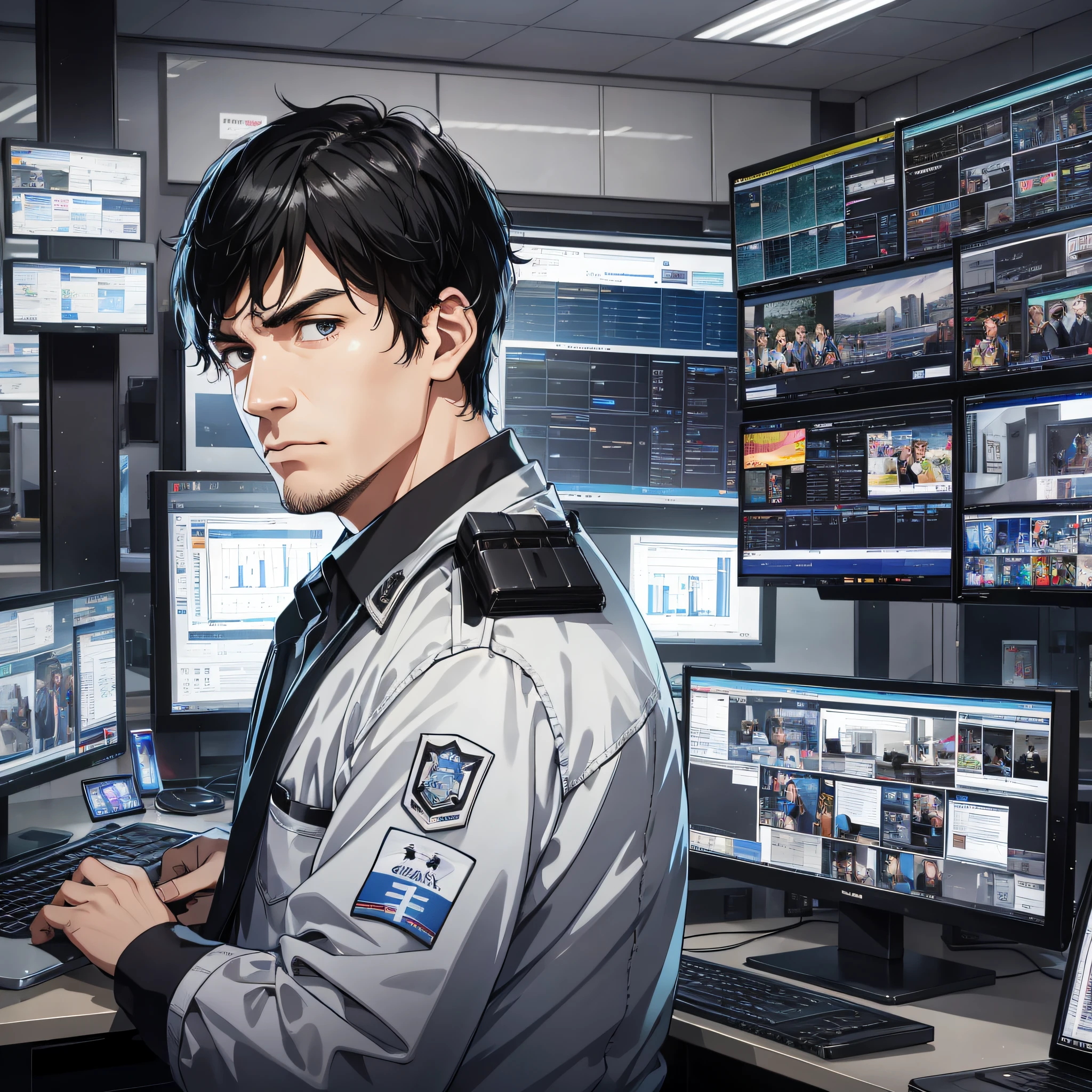 Middle-aged man with short black hair in officer uniform, with many screens in the headquarters in the background, a tense and serious expression