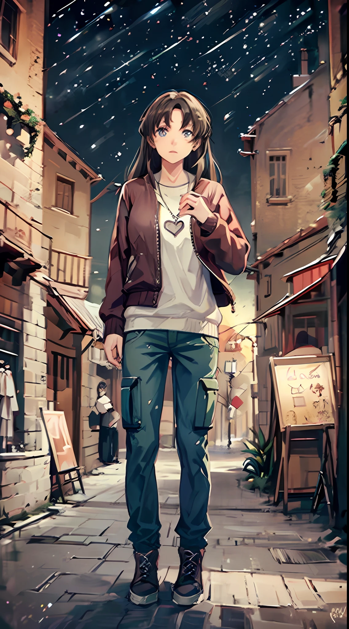 4k, winter scenery, Beautiful woman, long hair, brown hair, blue eyes, sweater, cargo pants, heart necklace, look up at the sky, night