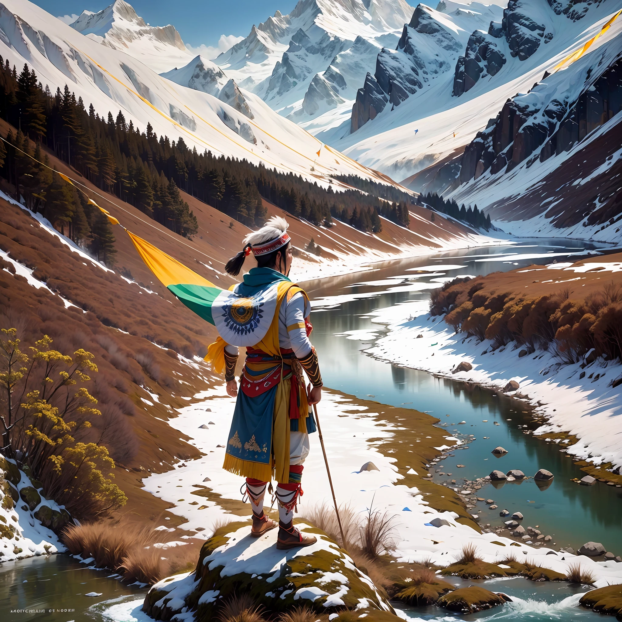 Arunachal Pradesh depicted as a majestic hero, dressed in traditional tribal attire, standing on the serene banks of the Tawang Chu River, with snow-capped mountains, verdant valleys, and colorful prayer flags fluttering in the breeze, Photography, capturing the hero's deep connection with nature and the awe-inspiring beauty of Arunachal Pradesh --auto --s2