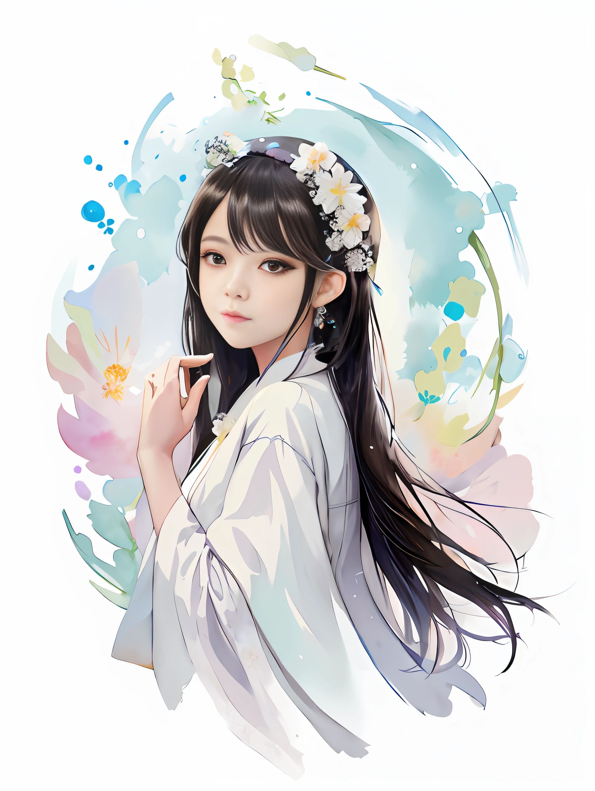 anime girl with long hair and flower crown in white dress, artwork in the style of guweiz, guweiz, beautiful character painting, a beautiful artwork illustration, beautiful anime portrait, palace , a girl in hanfu, watercolor illustration style, anime style portrait, in the art style of bowater, beautiful anime style, guweiz on pixiv artstation