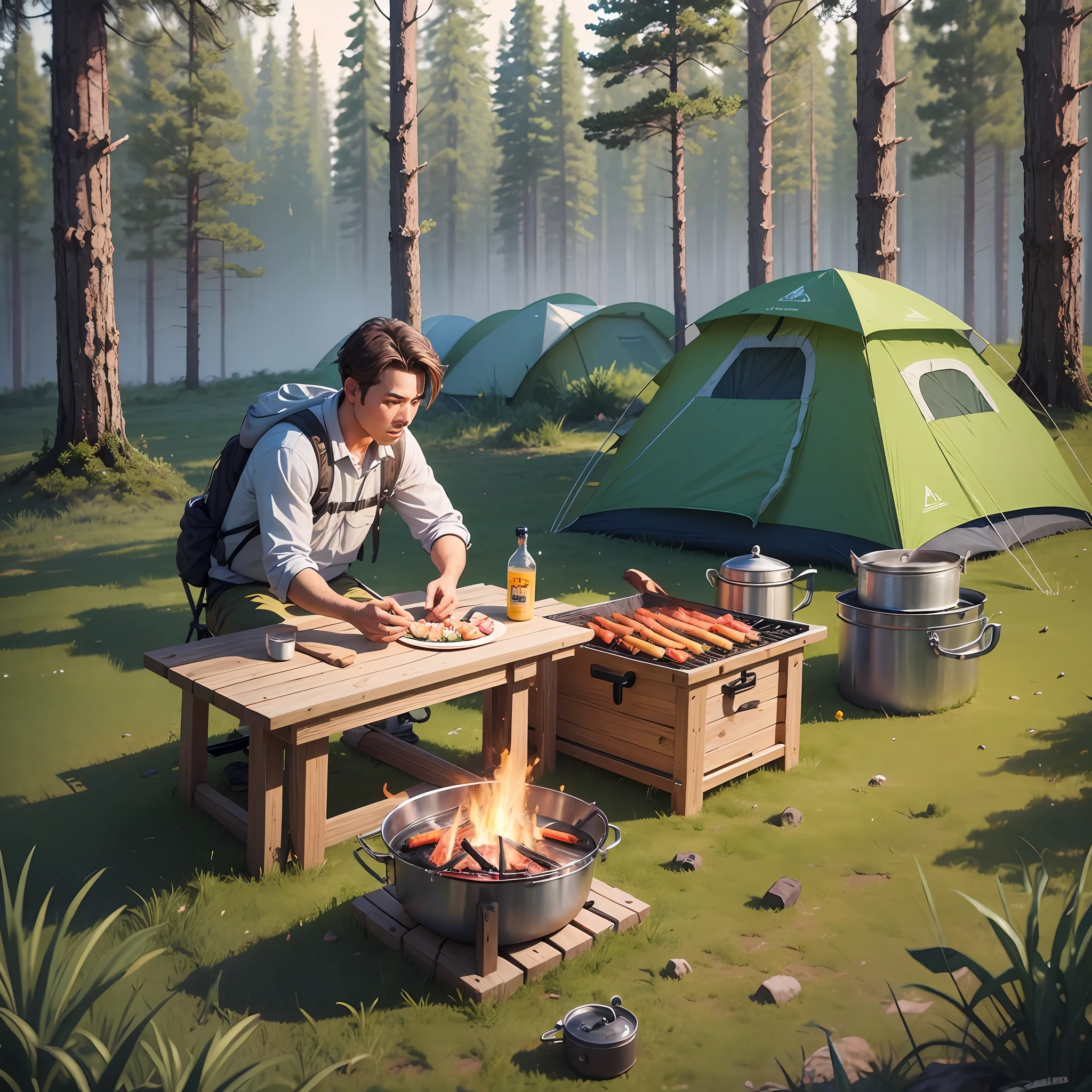 Help me design a promotional poster about camping BBQ, simple personality style, reflect customized service, --auto --s2