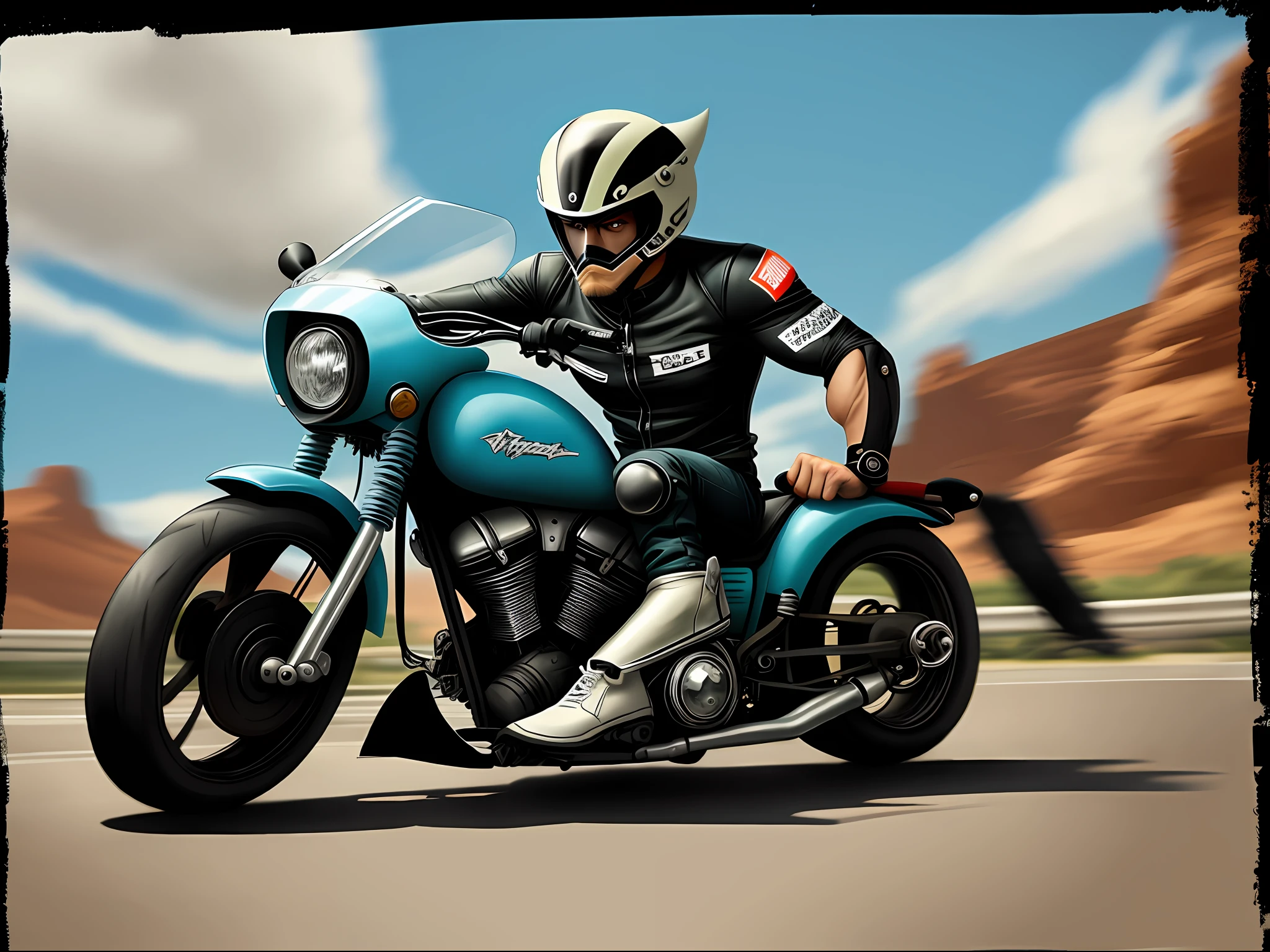 Too helmet. Cartoon macho motorcycle driver. Be fierce.