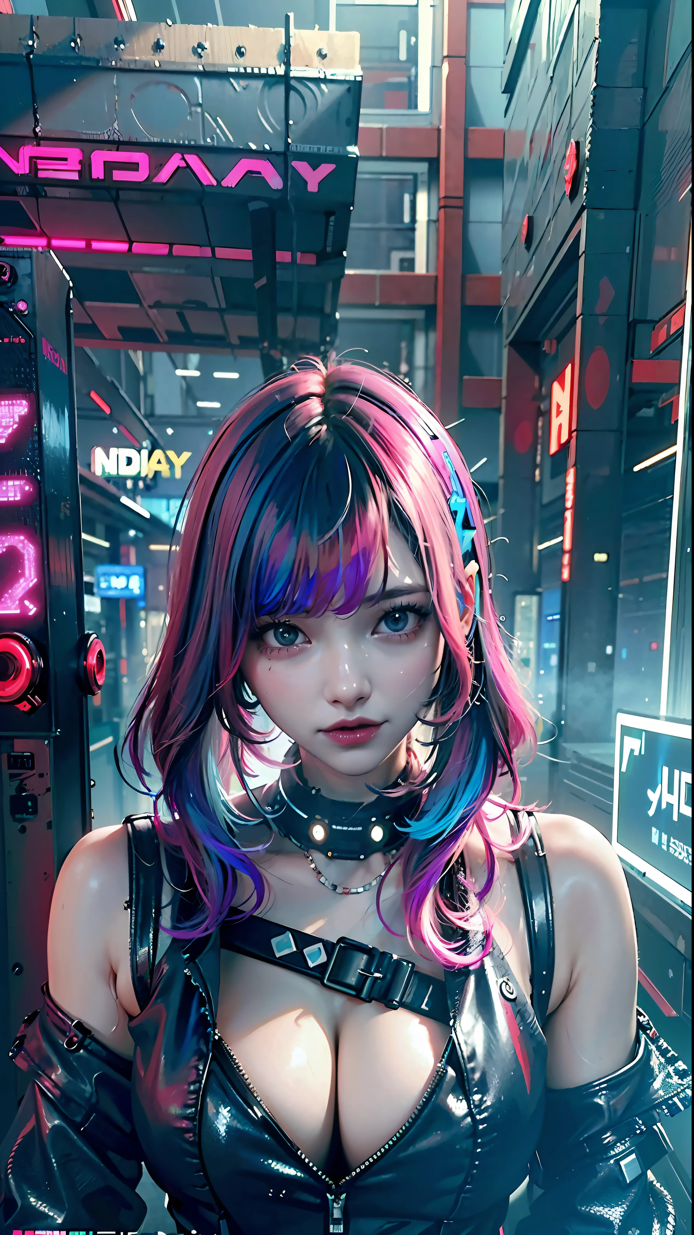((Best Quality)), ((Masterpiece)), (High Definition:1.3), 3D, Beautiful (Cyberpunk:1.3) Hacker woman with colored hair, black clothes looking at camera, young, young, big breasts showing us, protruding, sexual, seduction