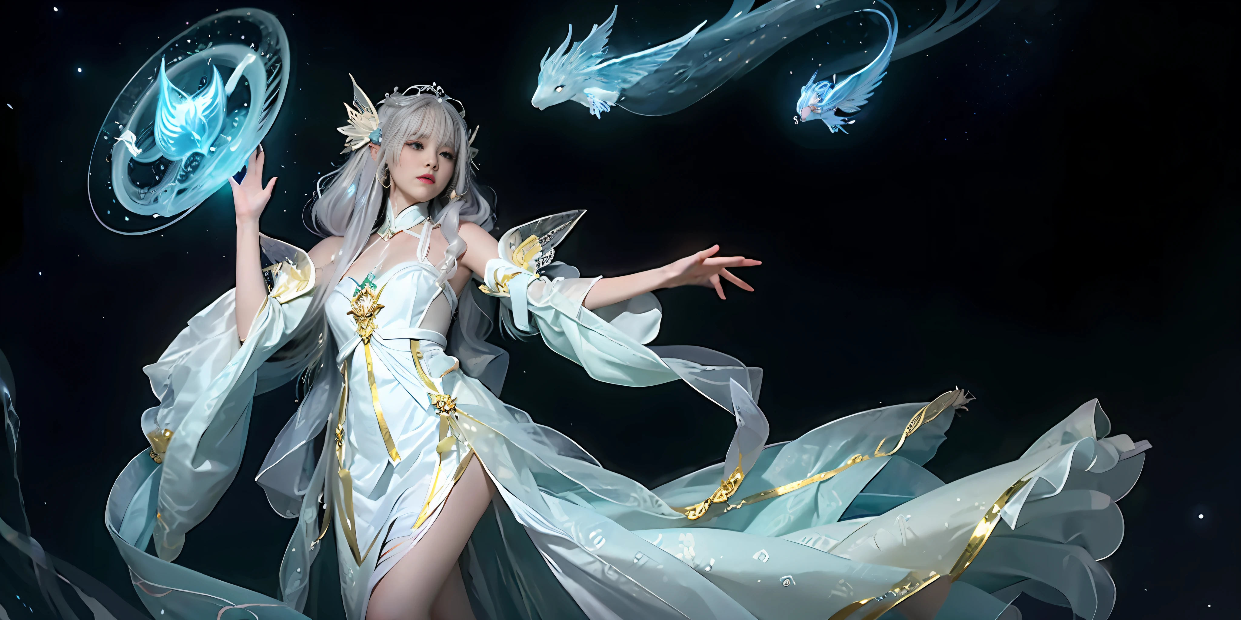 Close-up of women in costumes on stage, full body fairy, beautiful celestial mage, amazing young ethereal characters, beautiful fantasy queen, astral witch costume, sand stream, flowing magic robe, white Hanfu, fairy fantasy, beauty Delfin, ethereal fantasy, elegant and charming cosplay, Hirase Jinyao, half lying underground, charming, very funny, a sports car, night punk oriental architecture! Lots of neon