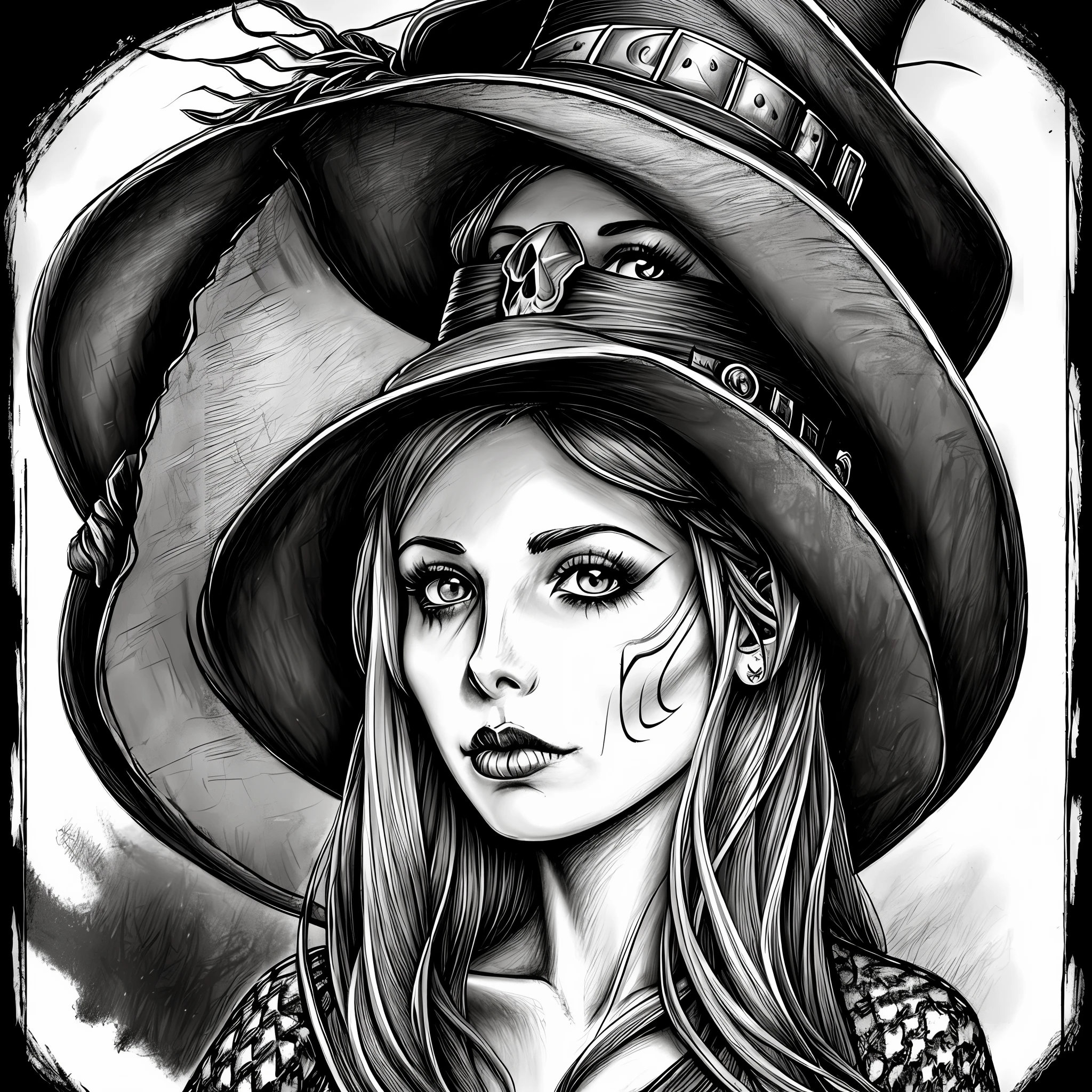 m drawing of a woman with a hat and a skull, witch woman, portrait of a witch, classic witch, close-up portrait goddess skull, goddess of death, anime skull portrait woman, beautiful witch cowboy, witch, beautiful witch female, beautiful witch scary female, portrait of a dark witch, illustration mcbess, side portrait dark witch, witch, a witch