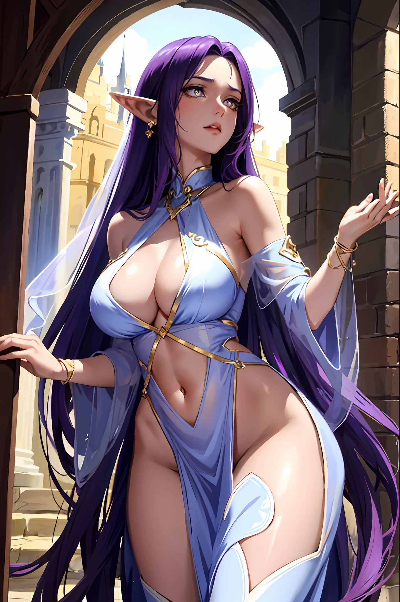 A tall and beautiful elf woman, with yellow pupils, contempt in her eyes, a cold expression, a haughty posture, a straight chest, dark skin, a purple transparent veil, purple tied hair, showing her chest and shoulders , showing her navel and thighs, looking up at the camera, in a medieval inn.