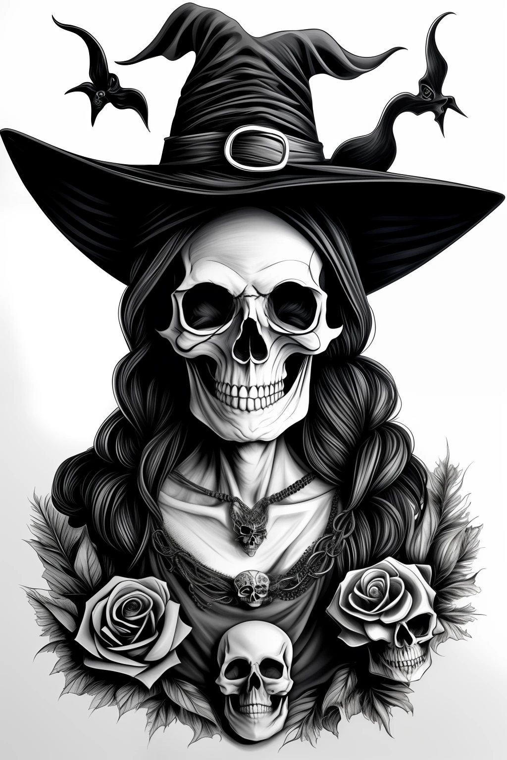 witch, old woman, expression marks, scary look, big mesmerizing eyes, macabre smile, scary smile -- breasts, neckline breasts -- waist, stylized belt, bone detail -- sinister pose, terrifying pose -- witch hat, skull detail, bones, skull necklace, amazing details -- pencil drawing, realistic, black and white, grayscale -- shadow light, backlit, professional finish -- normal perspective, high definition, highly detailed -- drawing on paper, tattoo design