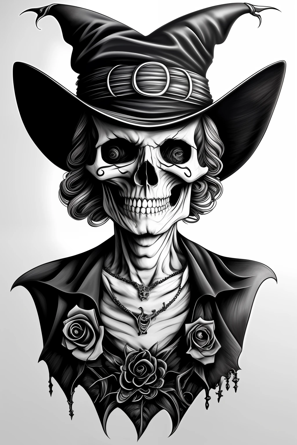 witch, old woman, expression marks, scary look, big mesmerizing eyes, macabre smile, scary smile -- breasts, neckline breasts -- waist, stylized belt, bone detail -- sinister pose, terrifying pose -- witch hat, skull detail, bones, skull necklace, amazing details -- pencil drawing, realistic, black and white, grayscale -- shadow light, backlit, professional finish -- normal perspective, high definition, highly detailed -- drawing on paper, tattoo design