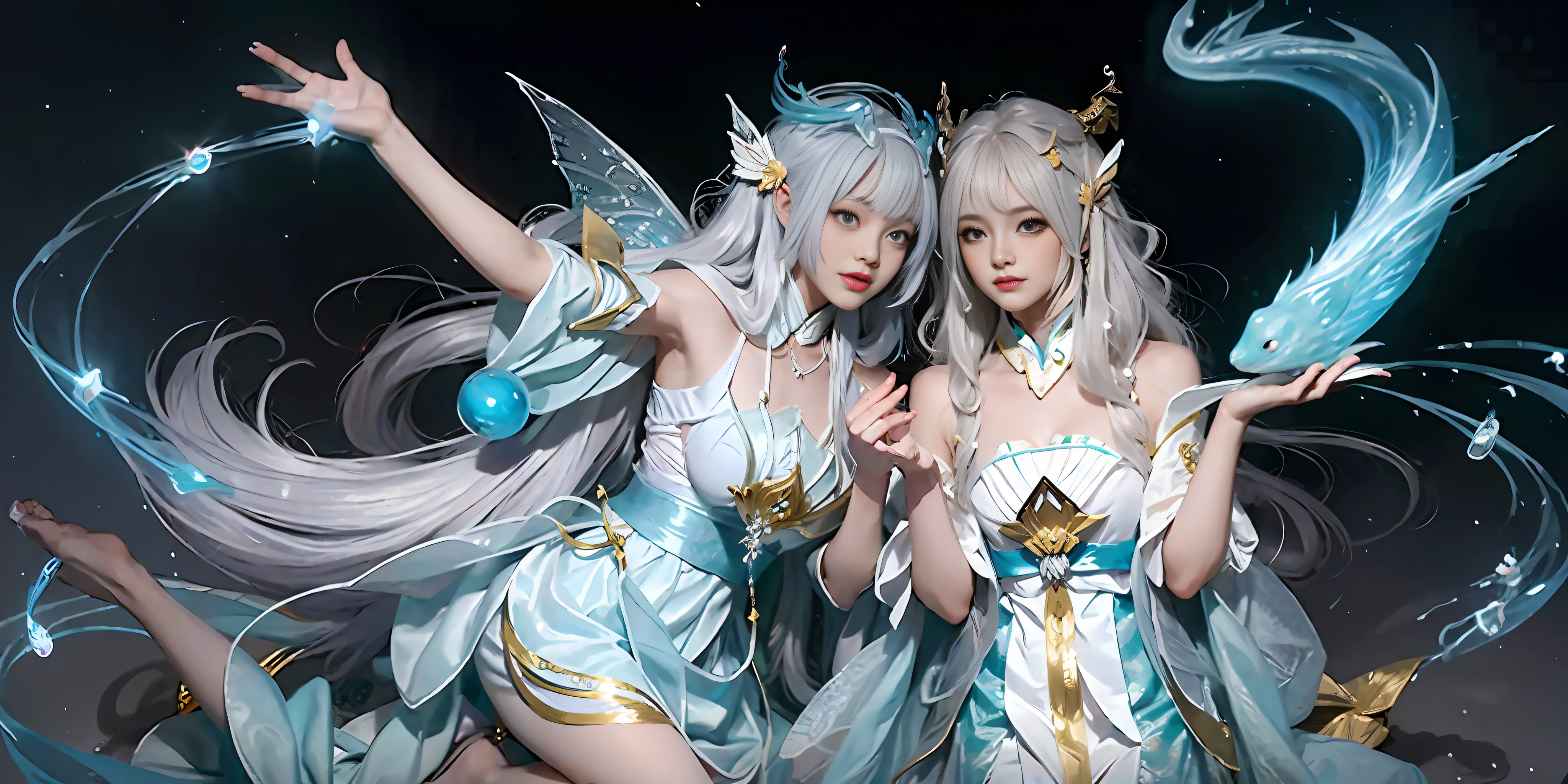 Close-up of women in costumes on stage, full body fairy, beautiful celestial mage, amazing young ethereal characters, beautiful fantasy queen, astral witch costume, sand stream, flowing magic robe, white Hanfu, fairy fantasy, beauty Delfin, ethereal fantasy, elegant and charming cosplay, Hirase Jinyao, half lying underground, charming, very funny, a sports car, night punk oriental architecture! Lots of neon