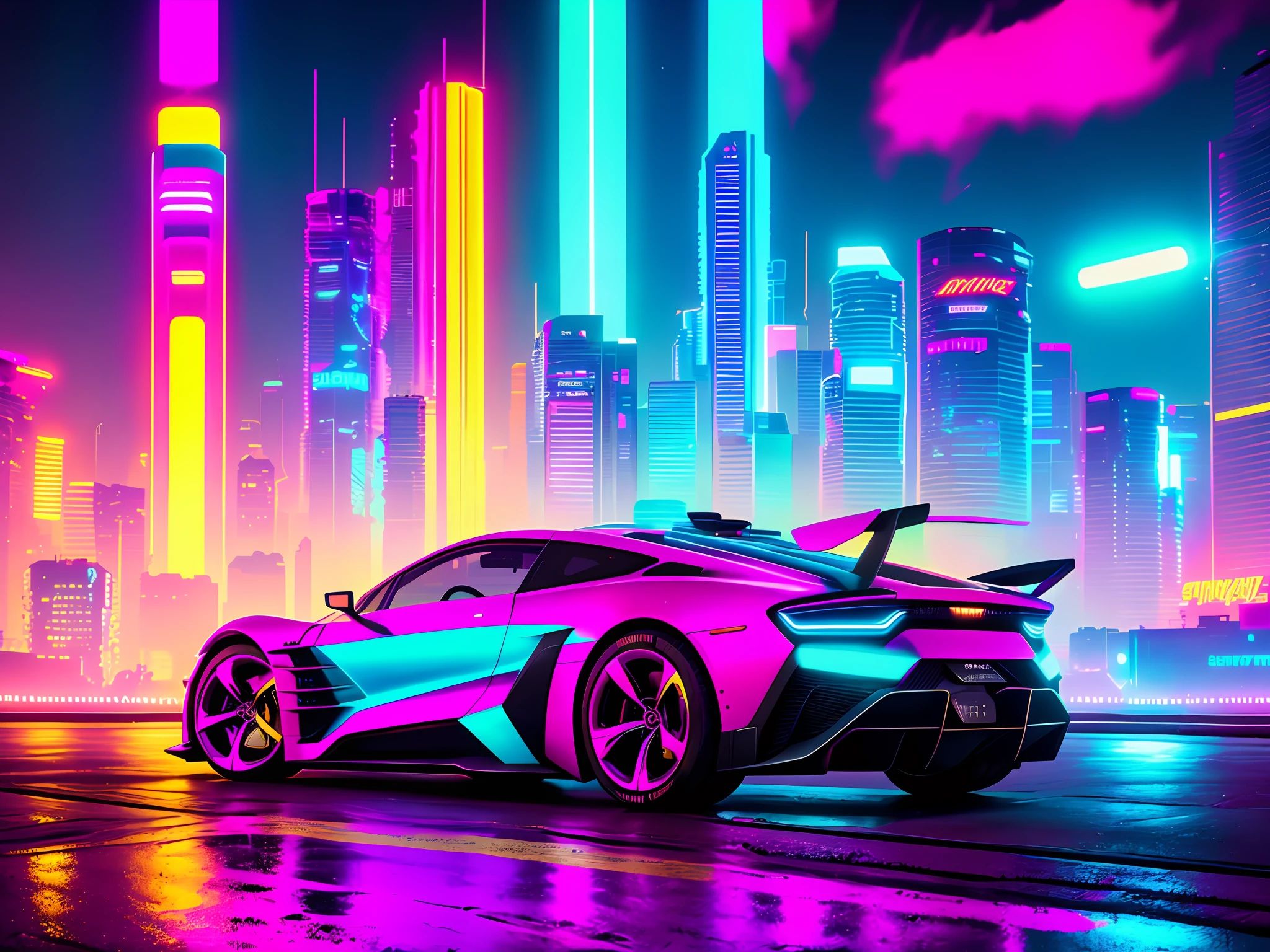 swpunk, synthwave, paint splatters, (extremely detailed 8k wallpaper), a medium shot photo of a futuristic concept car parked in an elaborate cyberpunk city, ray tracing, detailed reflections, Intricate, High Detail, dramatic, best quality masterpiece, photorealistic, detailed, 8k, HDR, backlighting, bloom, light sparkles, chromatic aberration, sharp focus