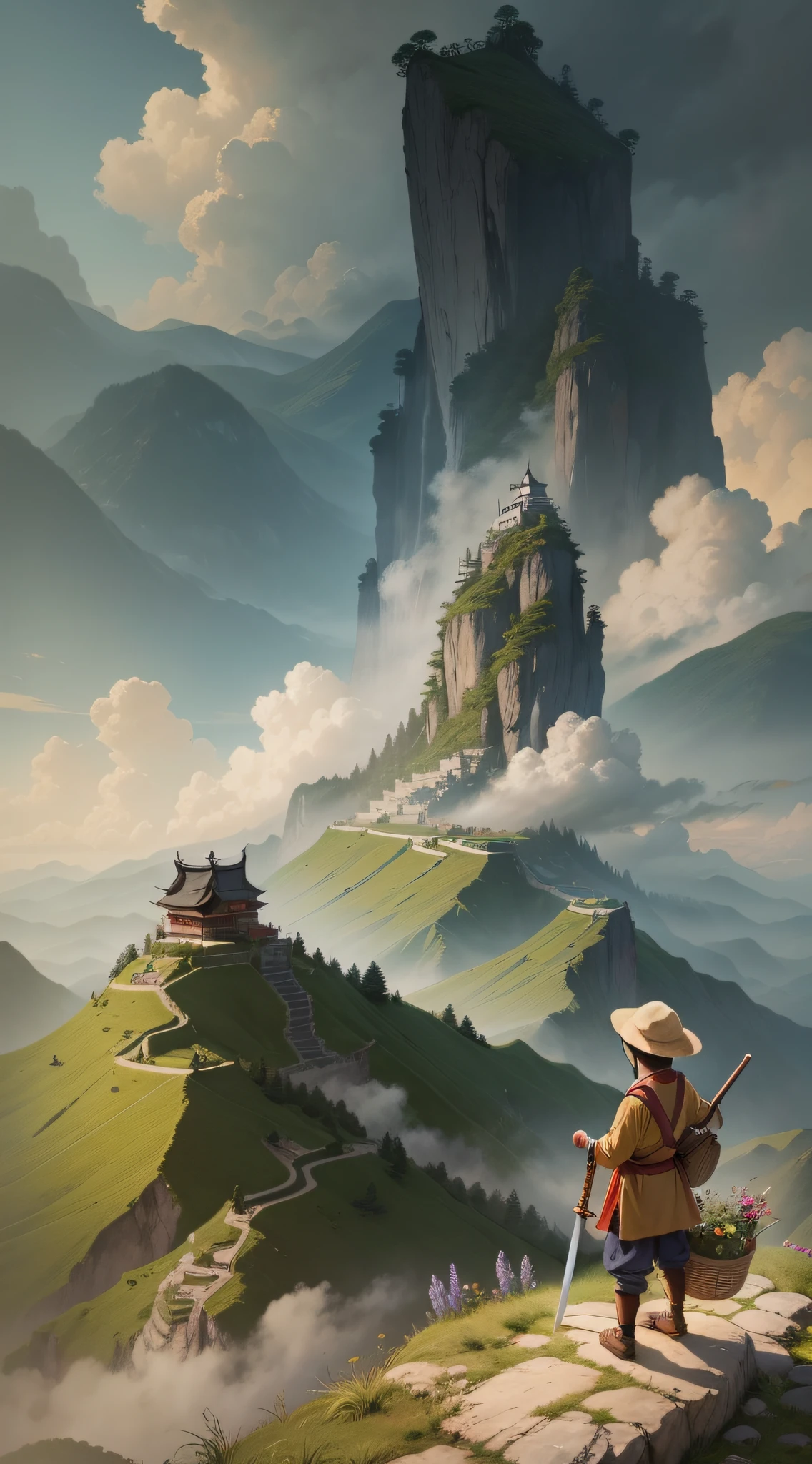 A beggar little boy, carrying a basket of medicinal herbs, Chen Pingan, Jianlai, standing on the top of the mountain, sword pointing to the firmament, ten thousand swords dynasty, cultivating immortal elements