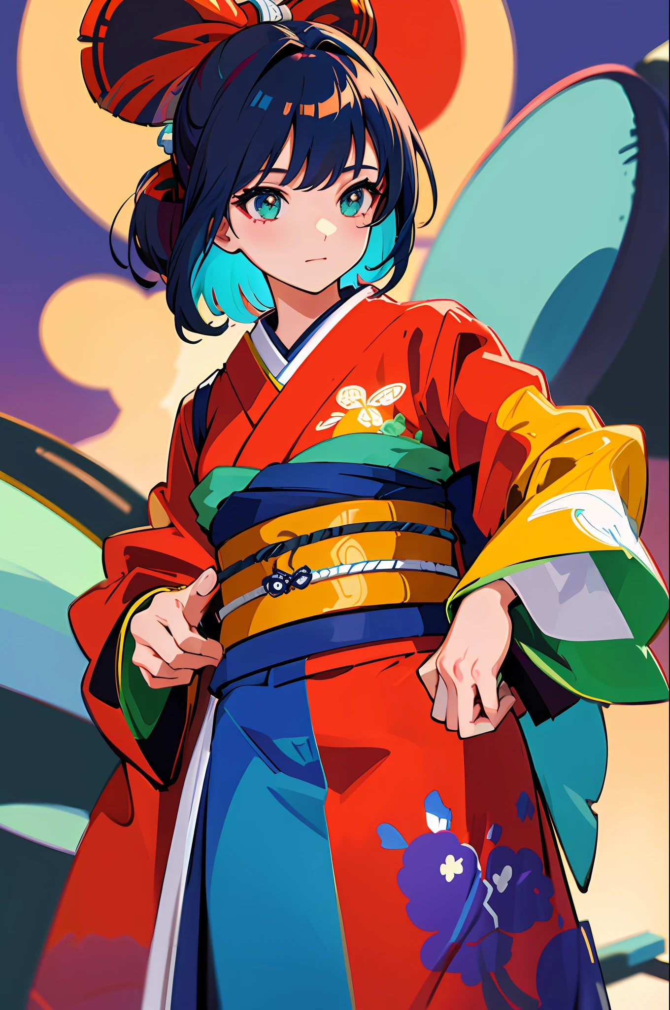 (best quality:1.1), (ultra-detailed:1.1), (beutiful illustration:1.1),
absurdres, high resolution,
(1 girl:1.1),solo, (cowboyshot),kimono,
colorful ,action