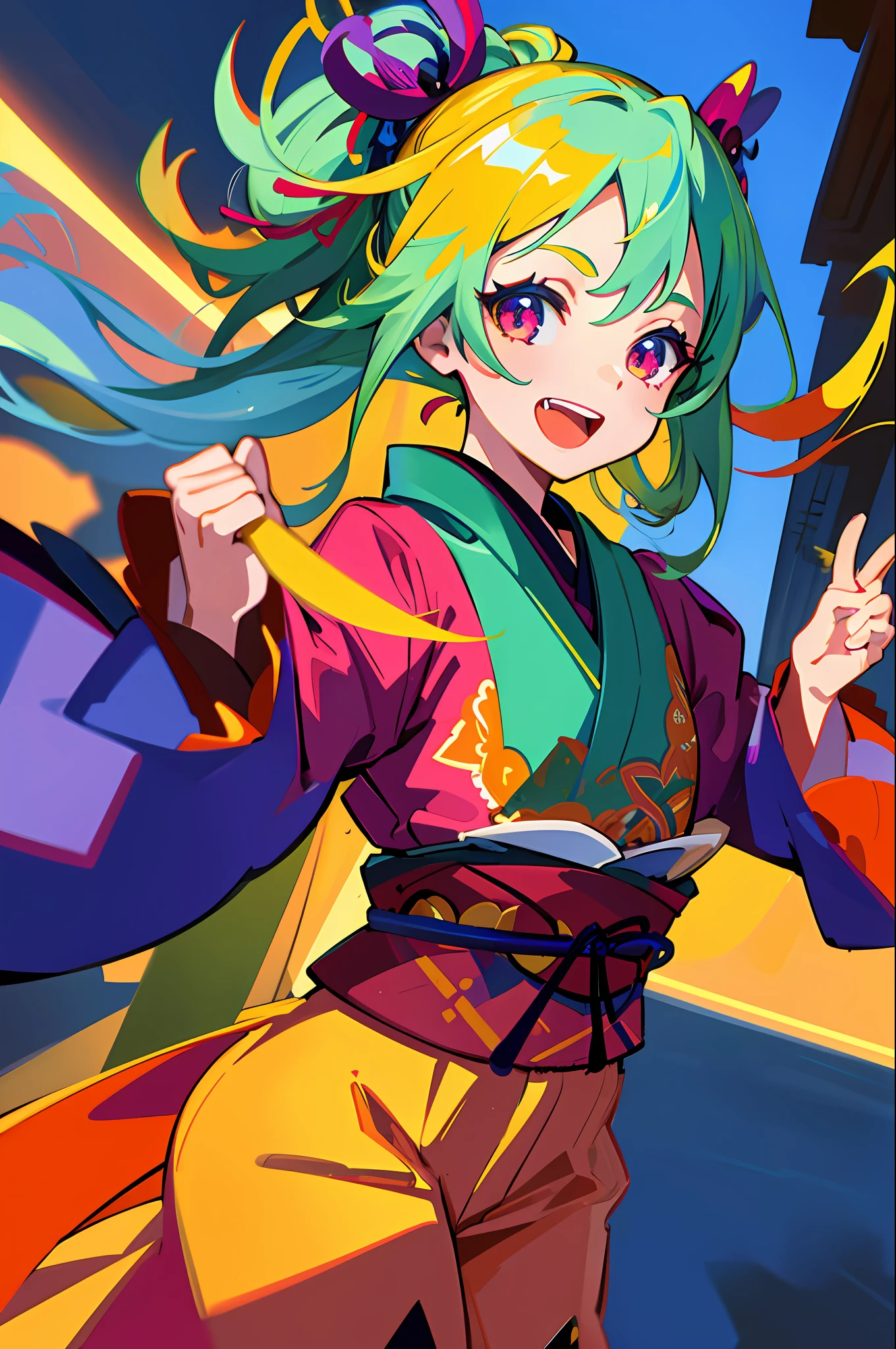 (best quality:1.1), (ultra-detailed:1.1), (beutiful illustration:1.1),
absurdres, high resolution,
(1 girl:1.1),solo, (cowboyshot),kimono,
colorful ,action