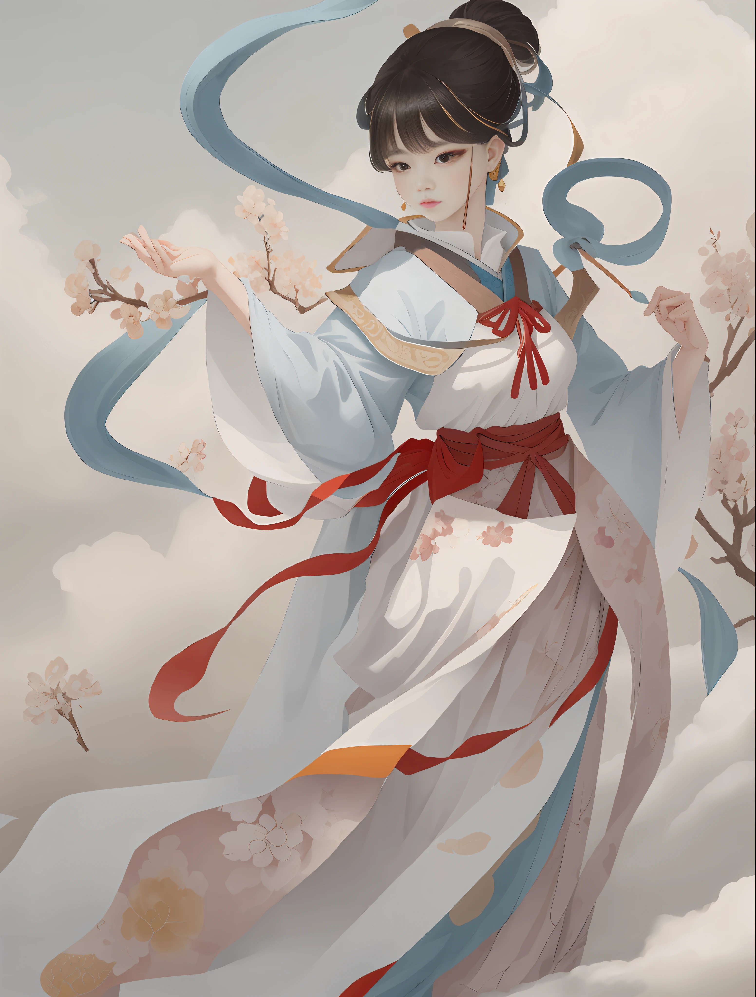 An ancient Chinese beauty standing with a hat, wearing ancient Chinese clothes, flowing tulle, light silk, pavilion, ink painting style, clean color, decisive cut, blank space, freehand, masterpiece, super detailed, epic composition, high quality, highest quality, 4k --v 6