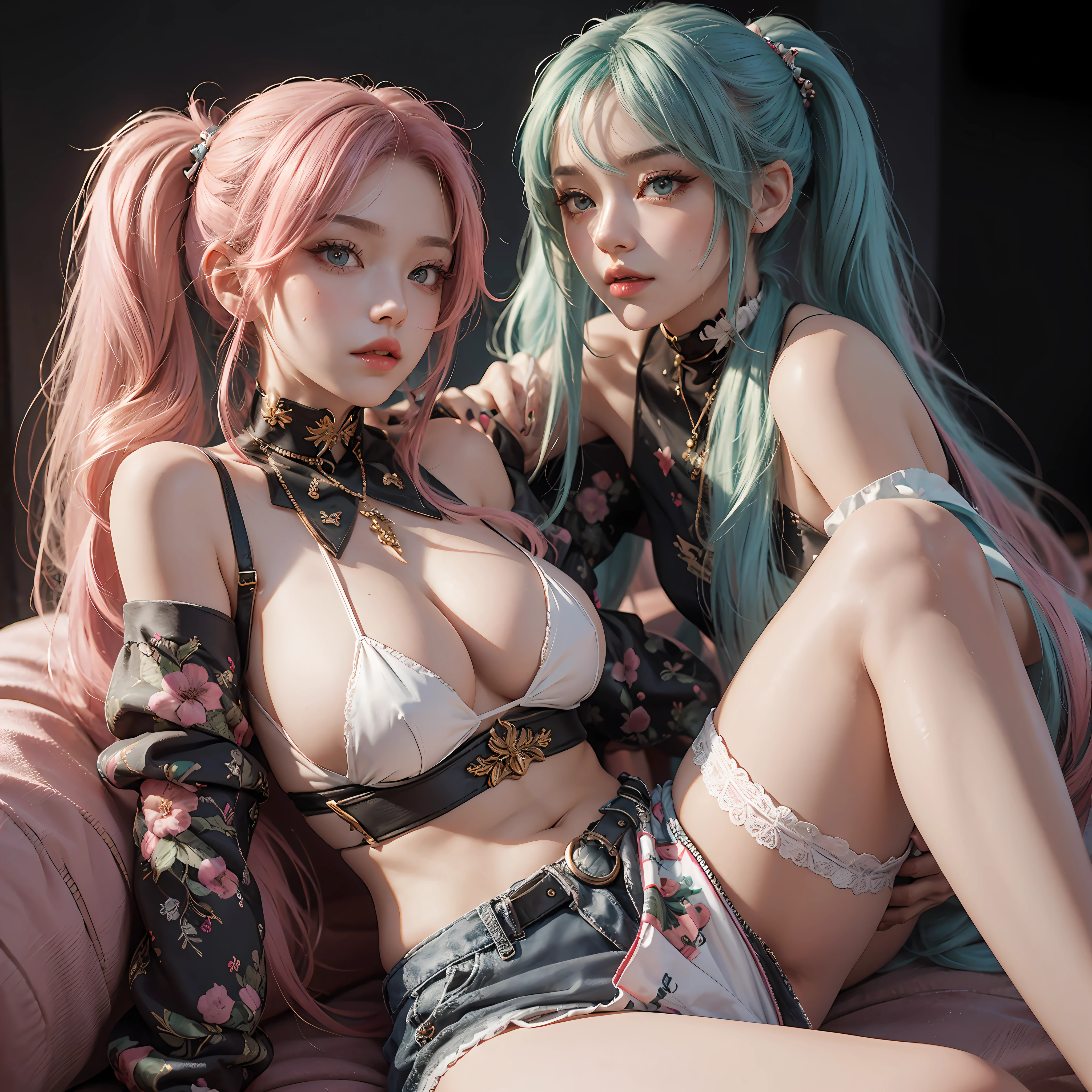 (шедевр:1.4,_best_quality), masterpiece_illustration, simple_background, sharp_focus, beautiful_detailed_eyes, beautiful_detailed_eyelashes, 1girl, соло, green_eyes, pink_hair, long_hair, very_long_hair, ((twintails)), челка, hair_ornament, заколка, грудь, huge_breasts, декольте, crop_top, detached_sleeves, multi_colored_nails, nail_art, nail_polish, пупок, short_shorts, шорты, yuri,, lesbian, girl on girl, licking, intimate, female x female, oral, explicit, NSFW --auto --s2