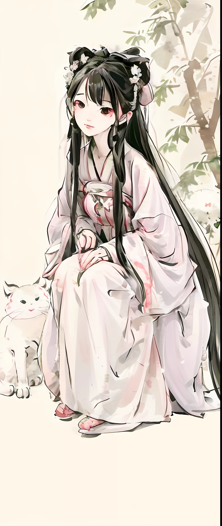 ((4k, masterpiece, best quality)), shuimobysim, Chinese painting, hanfu, maxiskit, dressed conservative 1 girl, solo, white hair, long hair, cat ears, white, bamboo, cat, many cats close to the girl, looking at the audience, teasing