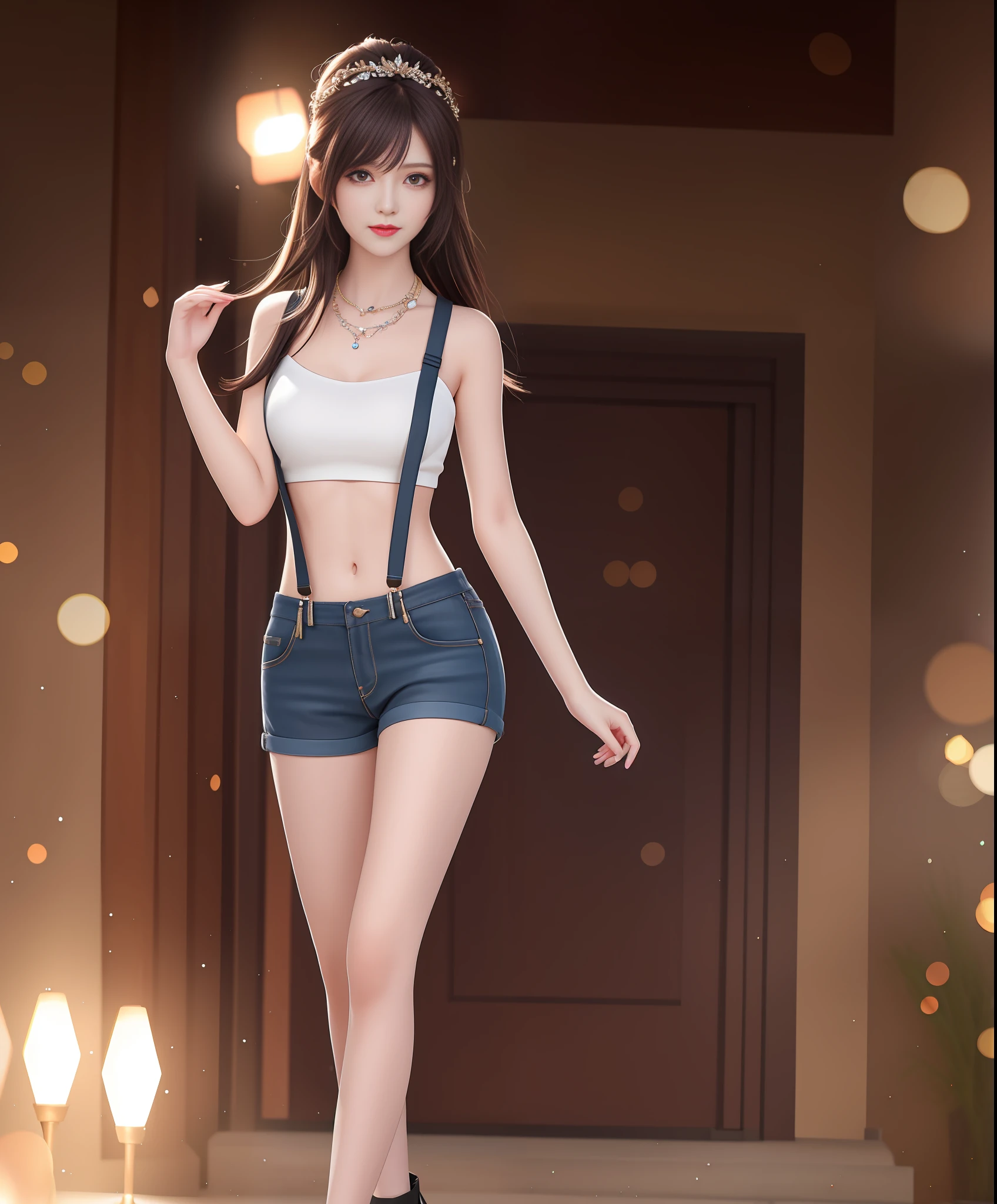Best Quality, Masterpiece, High Resolution, 1Girl, Suspenders, Hot Pants, Hair Accessories, Necklaces, Jewelry, Beautiful Face, Full Body, Slim and Slender Legs, Tyndall Effect, Realistic, Dark Studio, Edge Lighting, Two-tone Lighting, (High Detail Skin: 1.2), 8K UHD, DSLR, Soft Light, High Quality, Volume Light, Voyeur, Photo, High Resolution, 4K, 8K, Background Bokeh,