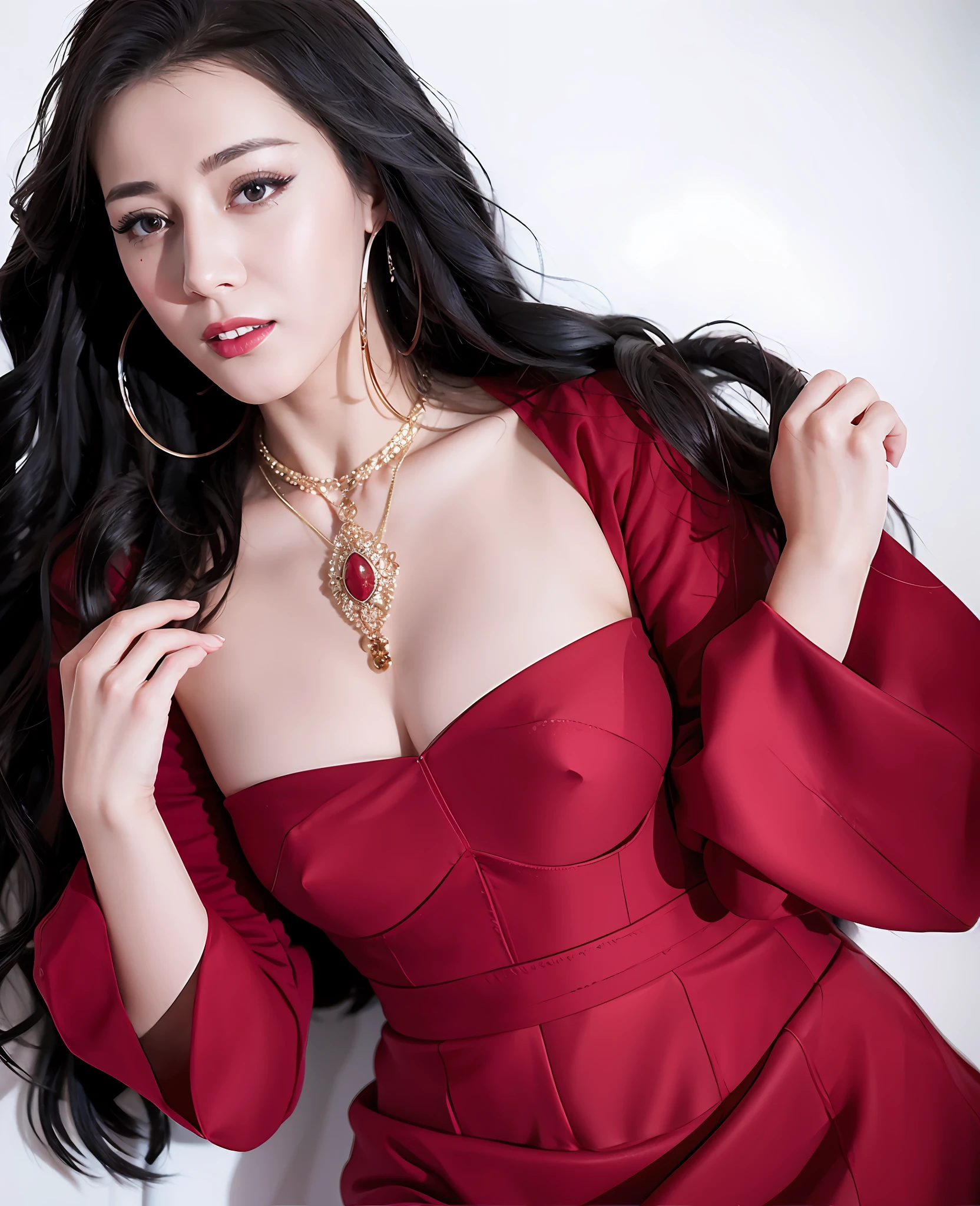 1girl, reba, solo, earrings, jewelry, long_hair, upper_body,, big breasts, translucent