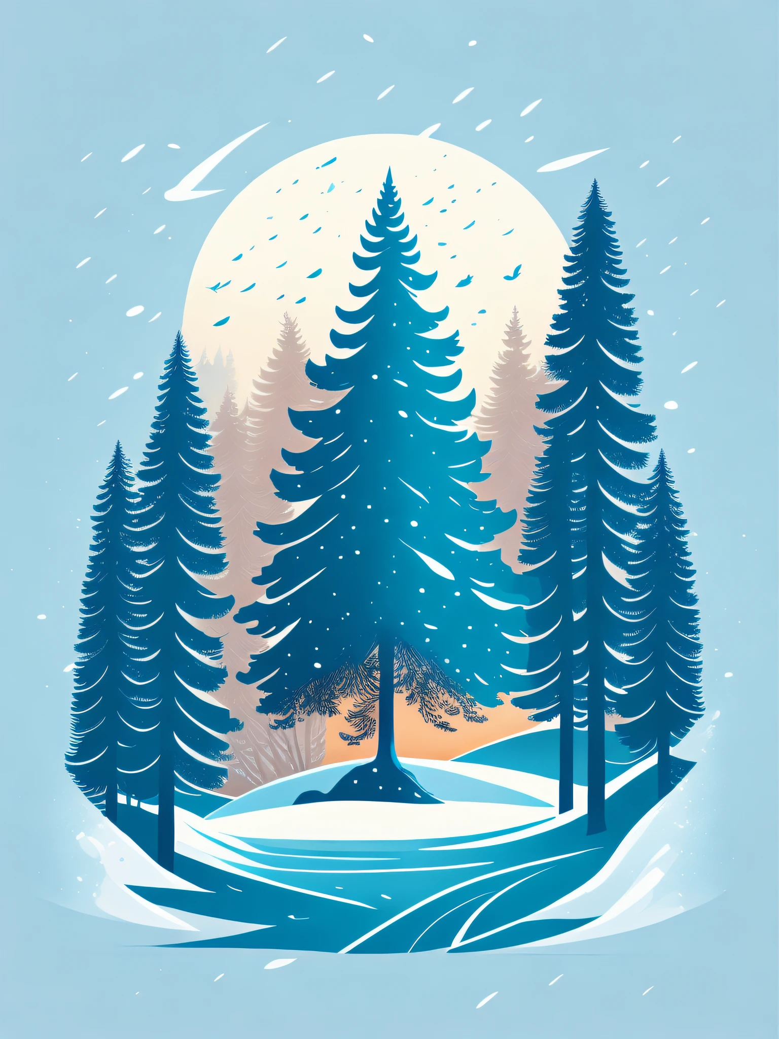 A spruce tree in a winter landscape, t-shirt design, rzminjourney, vector art