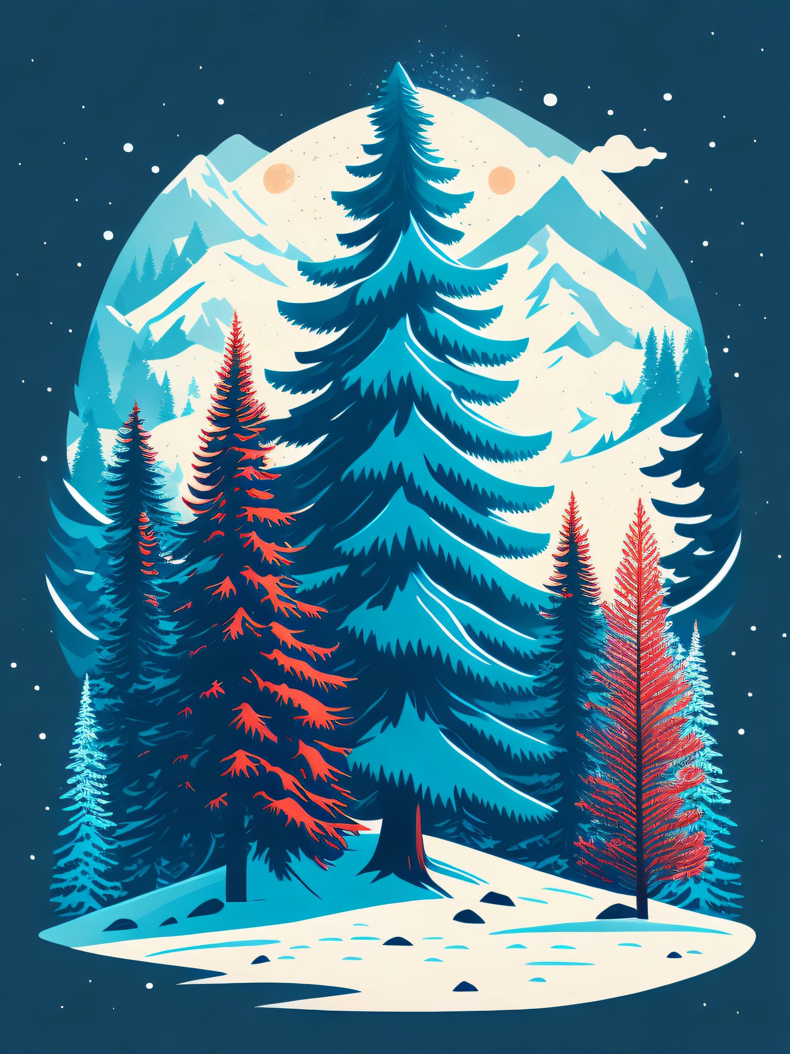 A spruce tree in a winter landscape, t-shirt design, rzminjourney, vector art