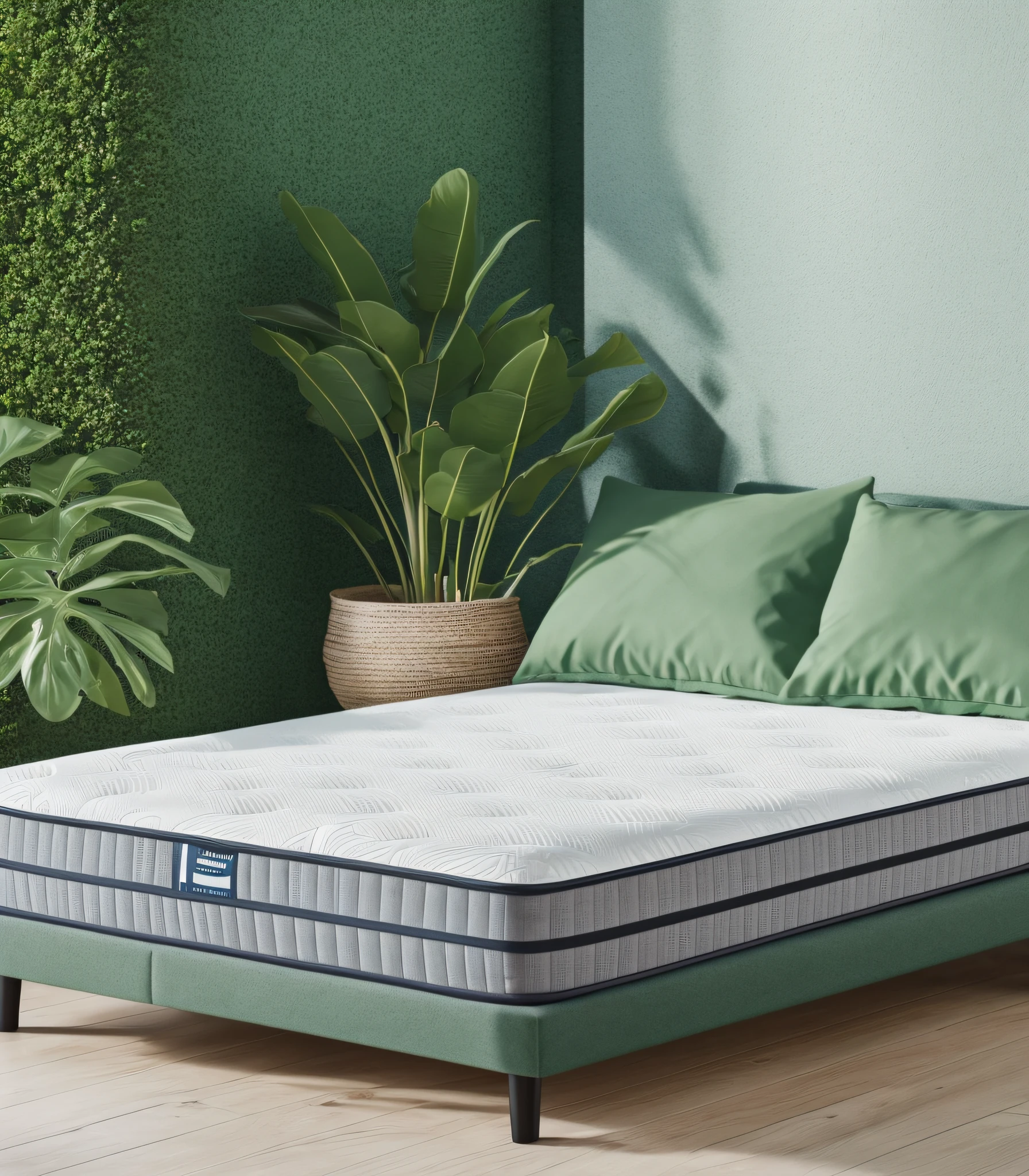Alafeld mattress, product display, oblique view, 3D product rendering, home scene, green plant decoration, natural light, realism, high quality, 8K, very realistic --auto --s2
